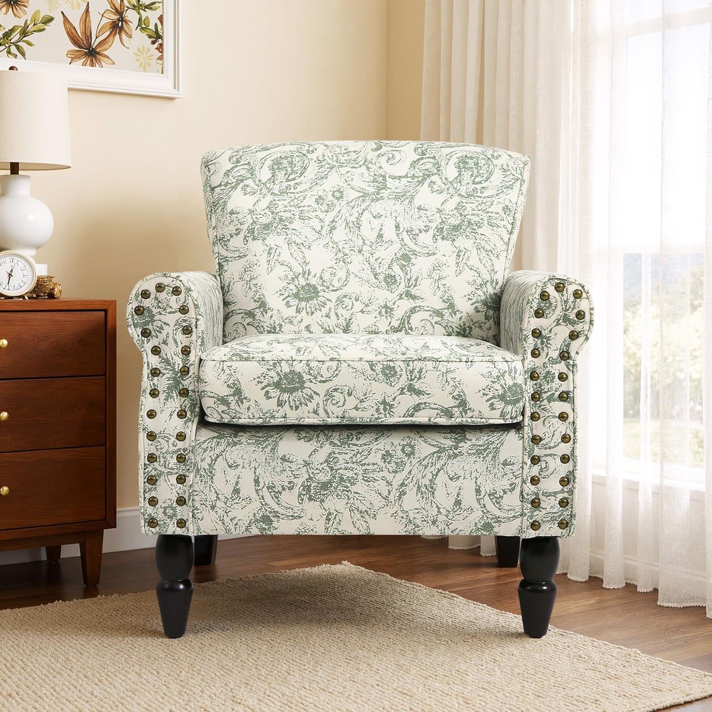 Wingback Accent Chairs Set of 2, Mid-Century Modern Upholstered Armchair Living Room Chair with Nailhead Trim & Rolled Armrest, Comfy Lounge Chair Single Sofa Chair for Bedroom, Light Blue