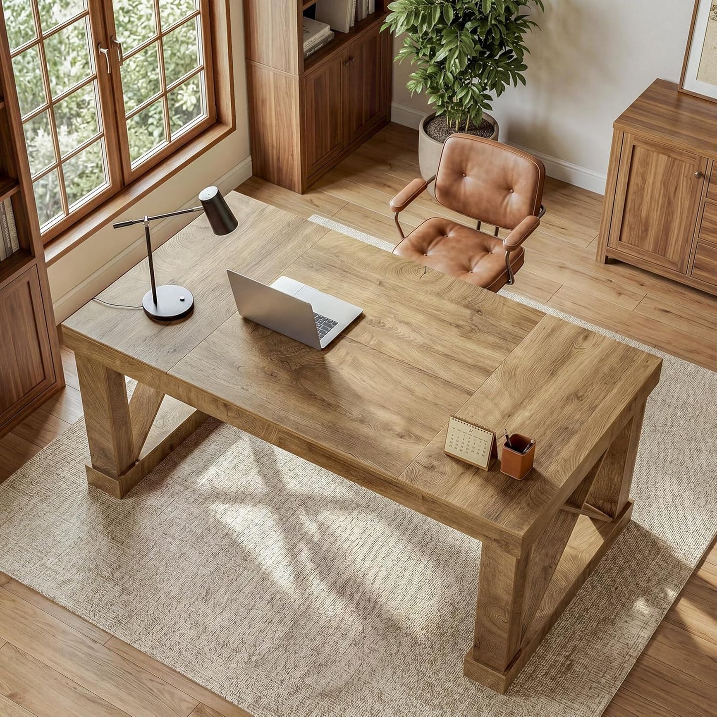 Tribesigns 63-Inch Executive Desk, Farmhouse Office Computer Desk with Sturdy Leg Structure, Rectangular Writing Table Business Furniture for Home Office, Wood Color