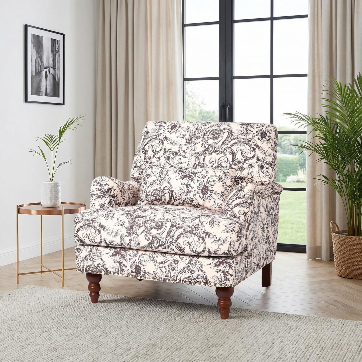 Accent Chair for Living Room, Upholstered Armchair with Nailhead Trim & Solid Wood Legs, Mid Century Modern Club Chair for Bedroom/Reading Room, Rococo Green