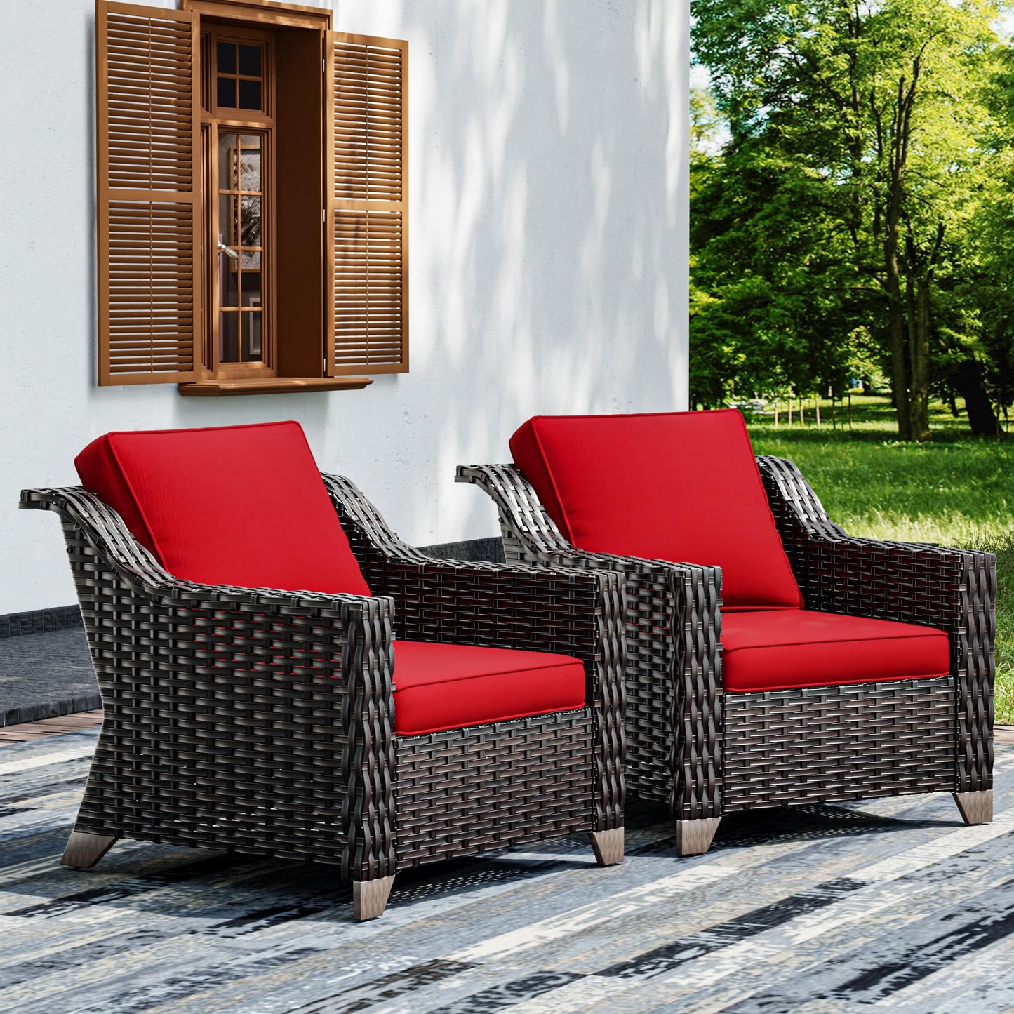 Joyside Patio Sofa - 3 Seater Rattan Sofa, All Weather High Back Sofa, Upgraded Large Size with 4inch Seat Cushions for Backyard, Garden, Poolside (Brown/Blue)