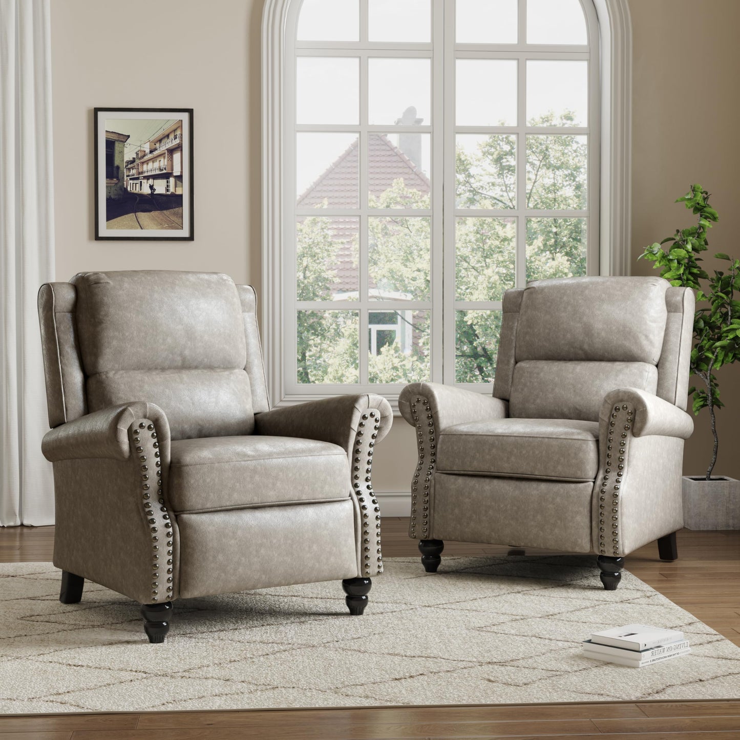 Pushback Recliner Chairs Set of 2, Comfy Fabric Wingback Recliner Chair, Upholstered Armchair Push Back Recliner with Wood Legs, Rivet Trim Accent Chair for Living Room, Bedroom, Blue Stripe
