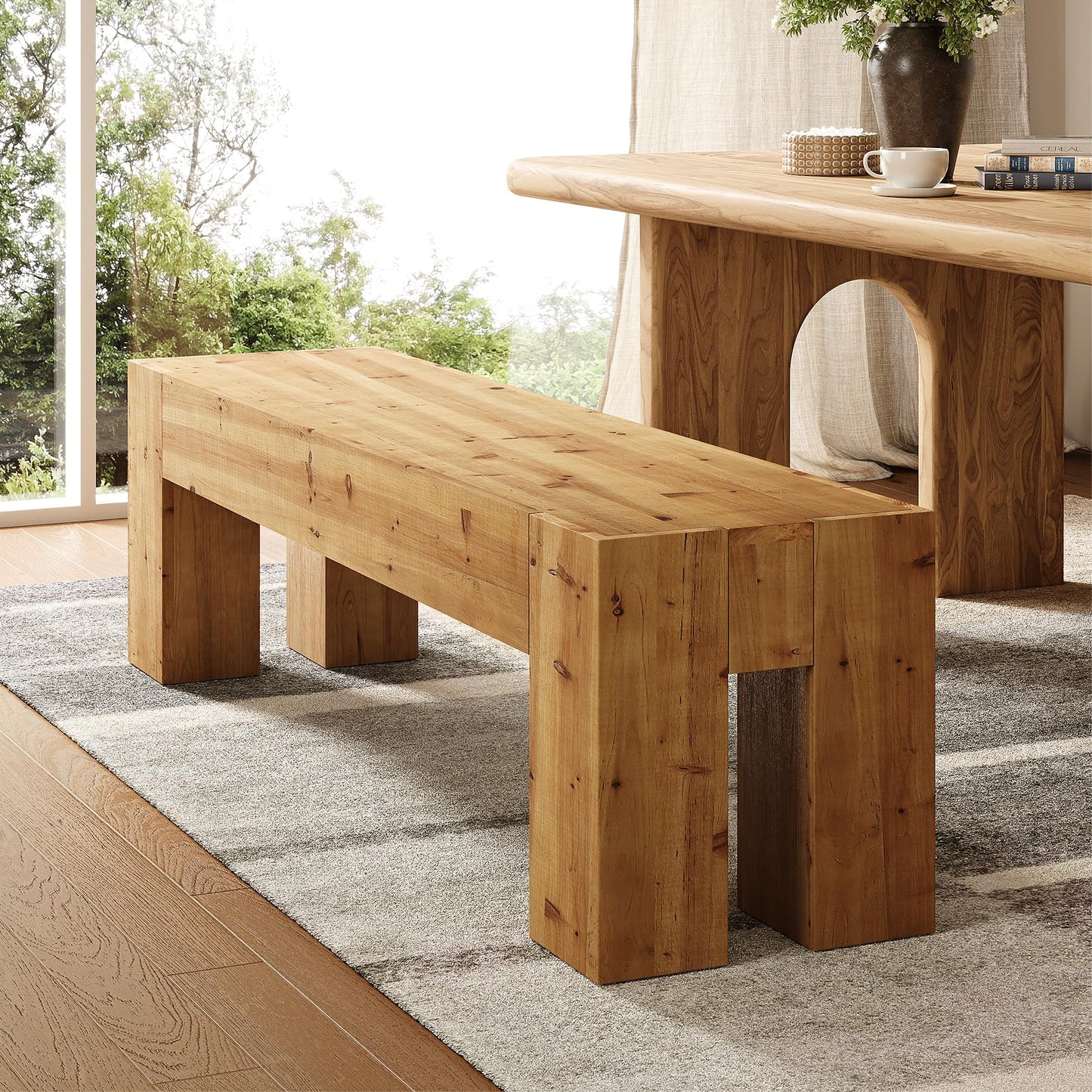 Solid Wood Dining Bench, Farmhouse Heavy Duty Kitchen Table Bench Seat with Sturdy Frame for Dining Room, Kitchen, Entryway (Rustic Brown)