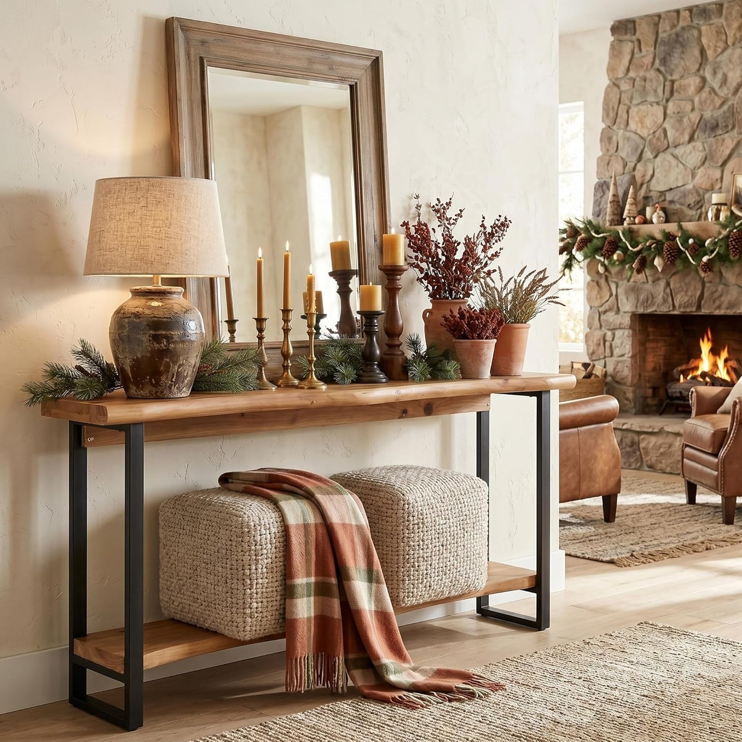 Solid Wood Live-Edge Console Table for Entryway, Farmhouse 63-Inch Narrow Long Sofa Table Behind Couch with Unique Shape, Heavy-Duty Metal Legs, Ideal for Foyer, Entrance, Living Room
