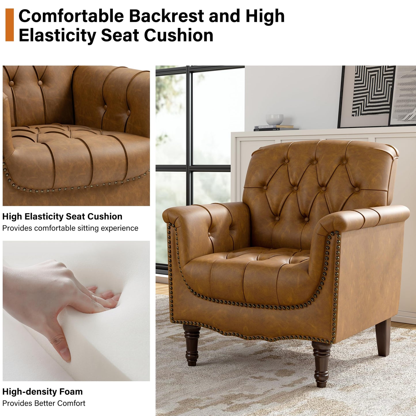 Faux Leather Club Chair, Retro Upholstered Armchair Accent Chair with Solid Wood Legs & Nailhead Trim for Living Room, Bedroom, Reading Room, Camel