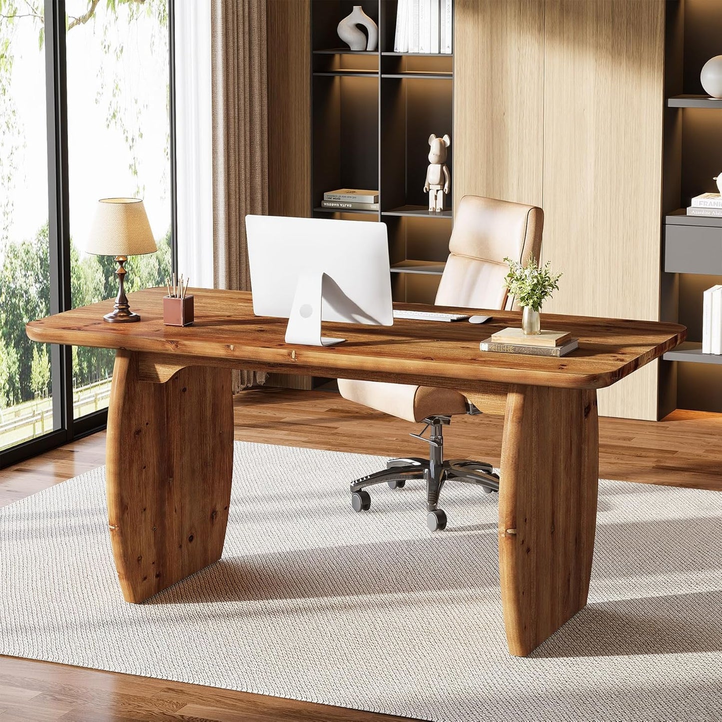 63-Inch Solid Wood Executive Desk, Large Office Computer Desk with Sturdy Wooden Legs, Farmhouse Writing Table Business Workstation for Home Office, Brown