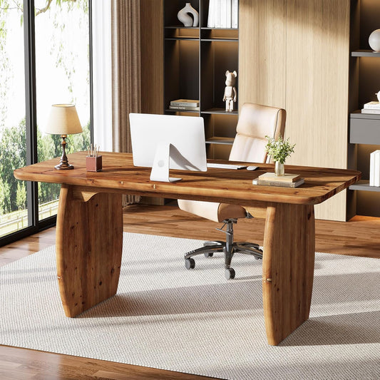63-Inch Solid Wood Executive Desk, Large Office Computer Desk with Sturdy Wooden Legs, Farmhouse Writing Table Business Workstation for Home Office, Brown