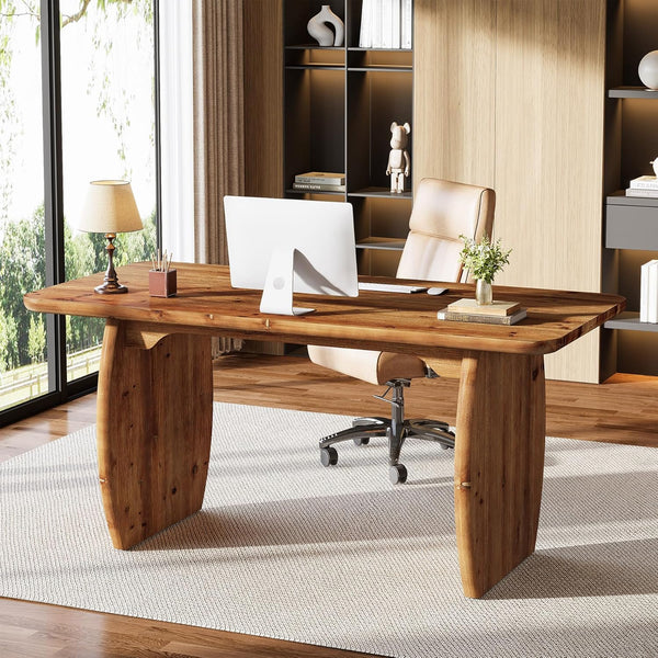 63-Inch Solid Wood Executive Desk, Large Office Computer Desk with Sturdy Wooden Legs, Farmhouse Writing Table Business Workstation for Home Office, Brown