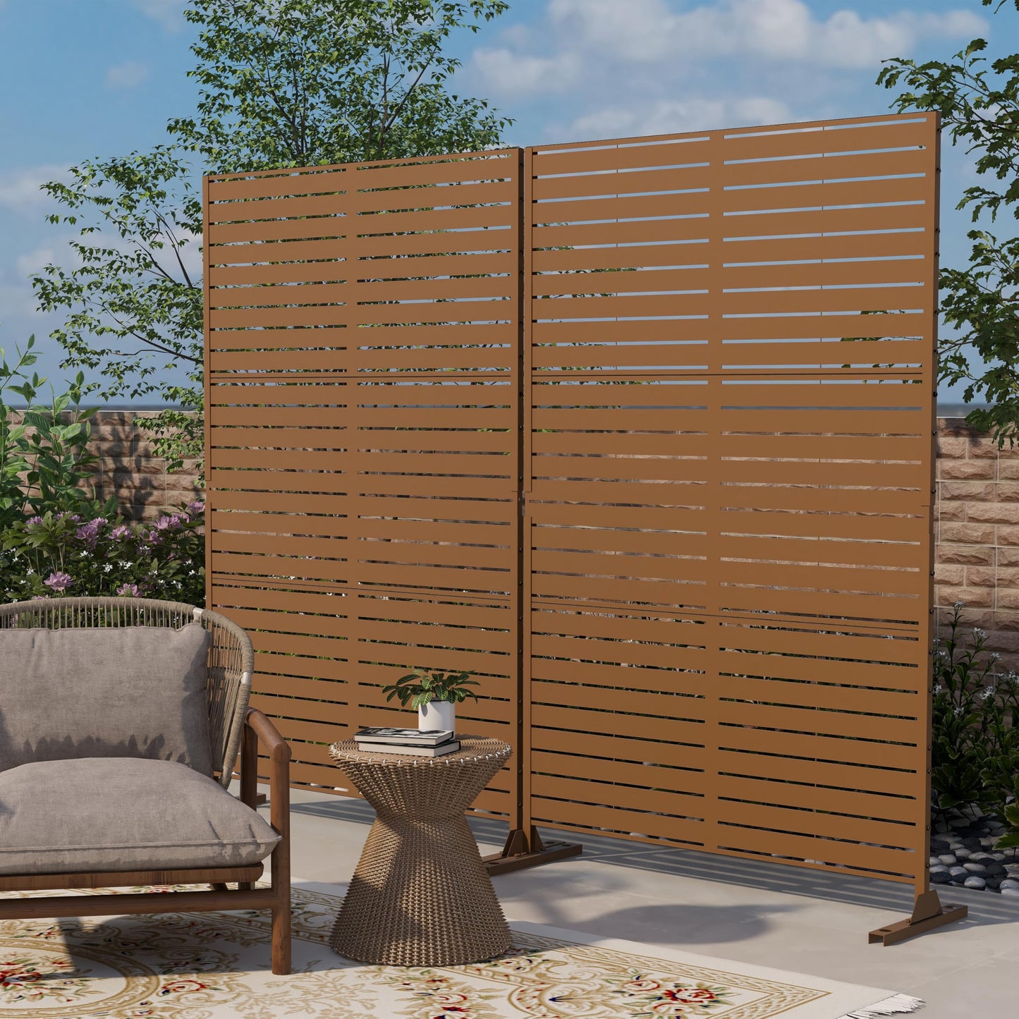 Outdoor Metal Privacy Screen with Stand, 72" H x 47" W Freestanding Outdoor Patio Divider, Decorative Patio Privacy Fence Panel for Garden Backyard Balcony Porch (Brown-Crossbanding)
