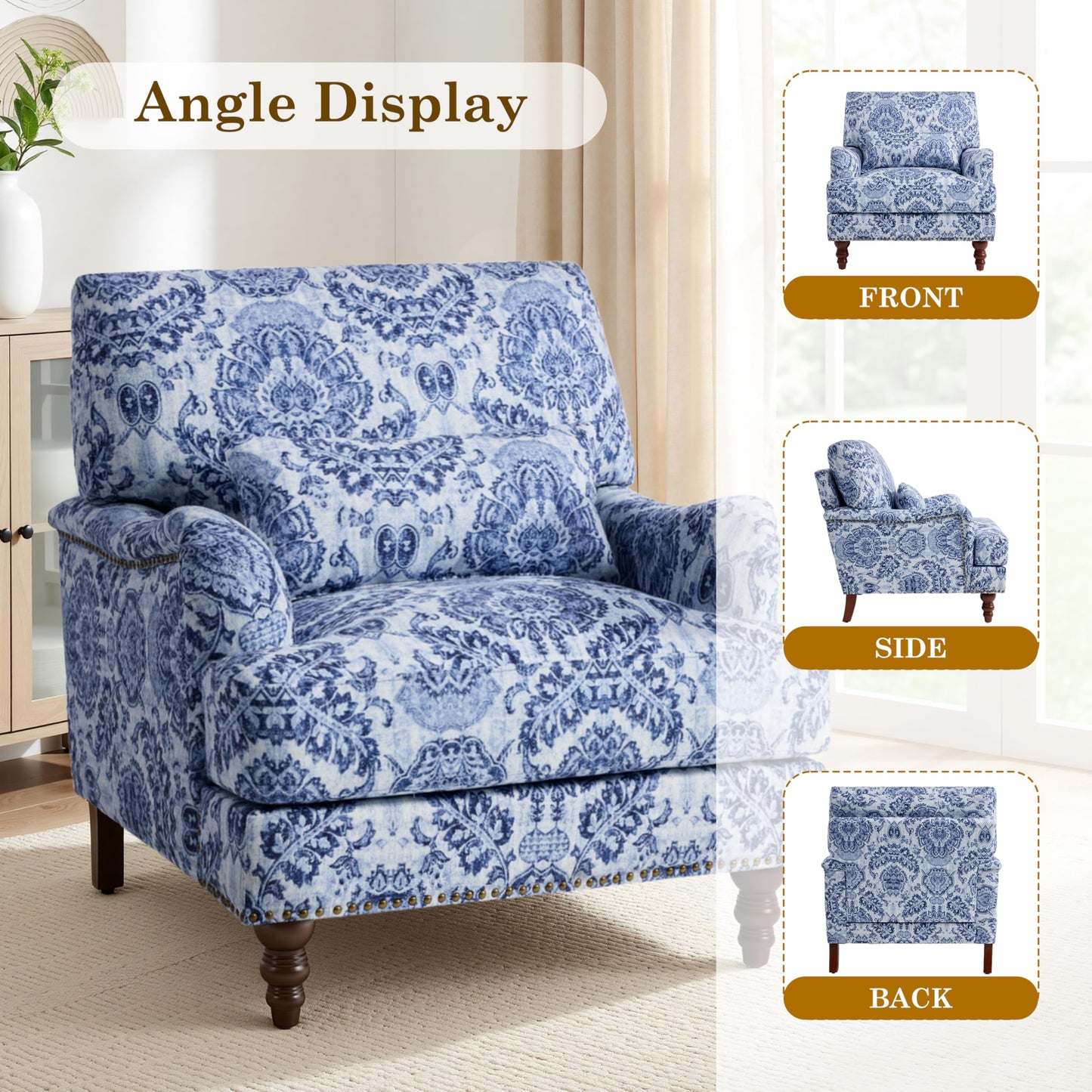 Accent Chair for Living Room, Upholstered Armchair with Nailhead Trim & Solid Wood Legs, Mid Century Modern Club Chair for Bedroom/Reading Room, Rococo Green