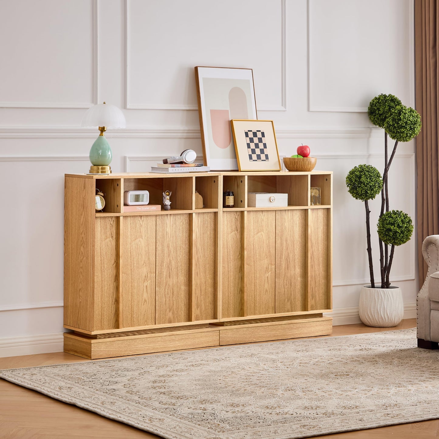LKTART 63" Rattan Sideboard Buffet Cabinet,Kitchen Storage Cabinet,Wood Coffee Bars with 4 Doors & Open Storage Shelves,Mid Century Modern Credenza Console Table for Living Room,Walnut