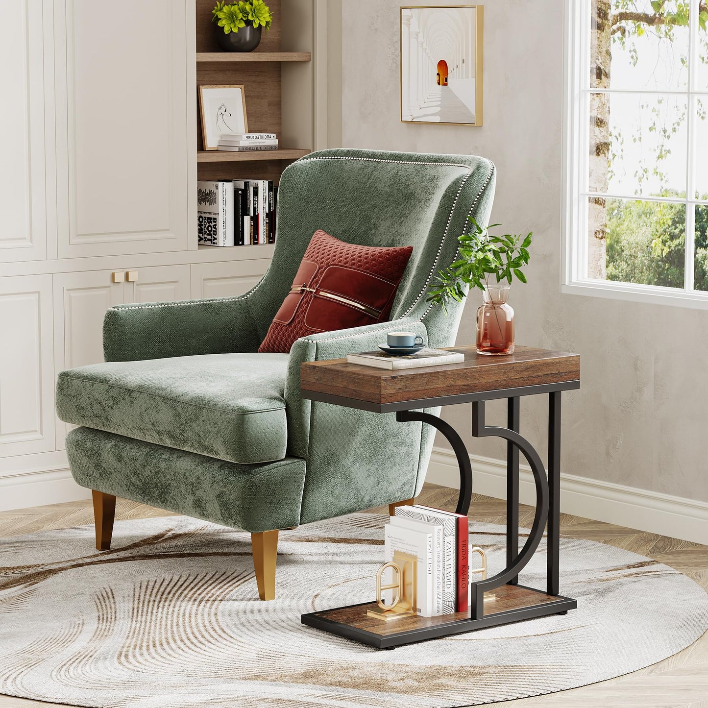 Tribesigns Narrow Side Table for Couch, C Shaped End Table with Metal Frame, Modern Bedside Tables, Small Sofa Tables for Small Spaces, Living Room (1, Brown+Black)