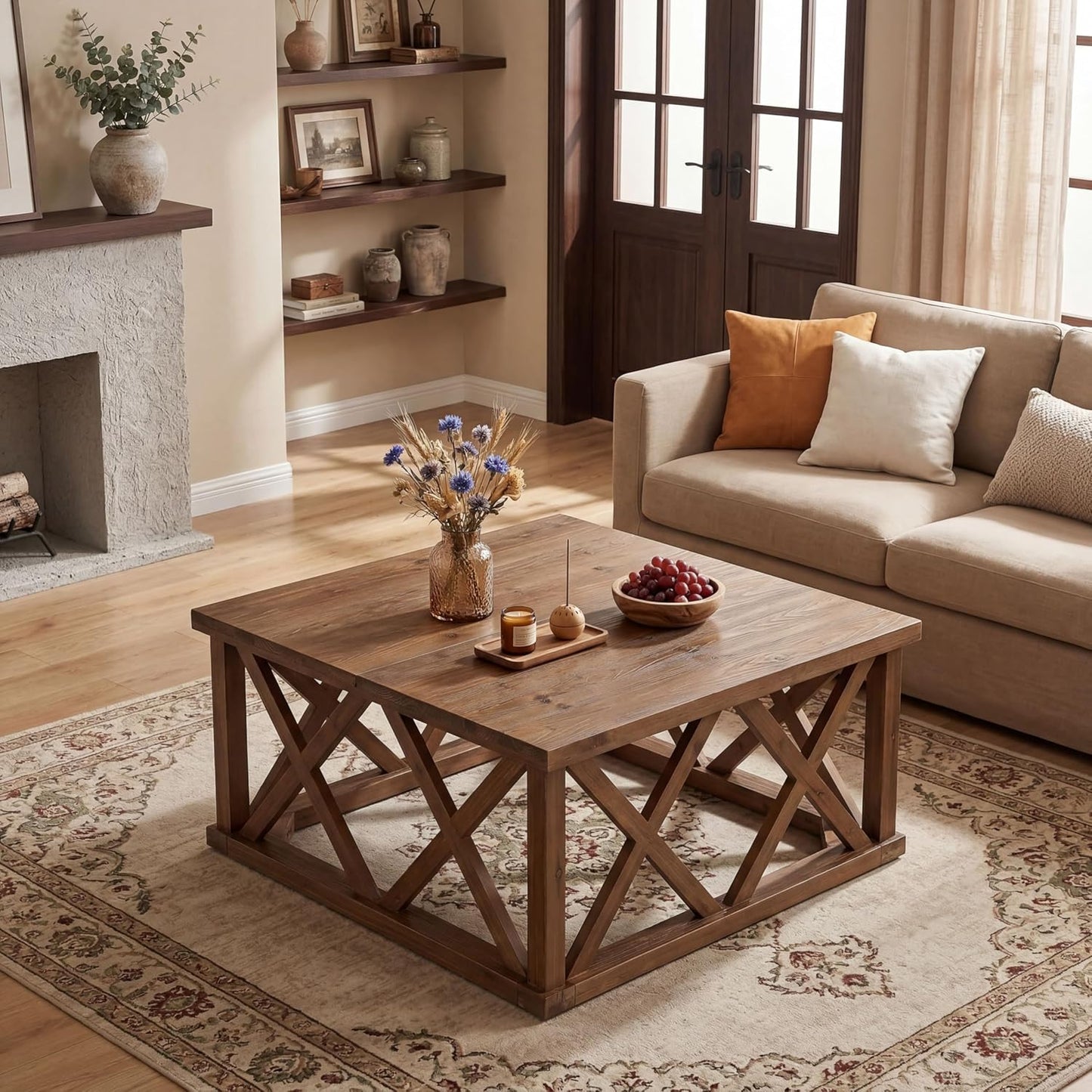 Solid Wood Coffee Table, 39.37-Inch Square Center Table with Reinforced X-Frame & Sturdy Base, Farmhouse Low Cocktail Tea Table for Living Room, Apartment, Office, Easy Assembly, Brown