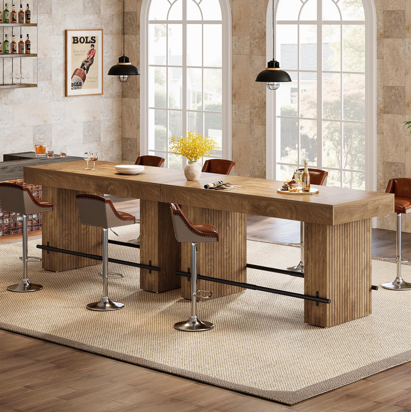 Tribesigns 62.2 Inch Bar Table, Industrial Counter Height Pub Dining Table, Rectangular Home Bar Units with Metal Footrest for Home Kitchen, Dining Room, Bistro, Brown and Dark Grey
