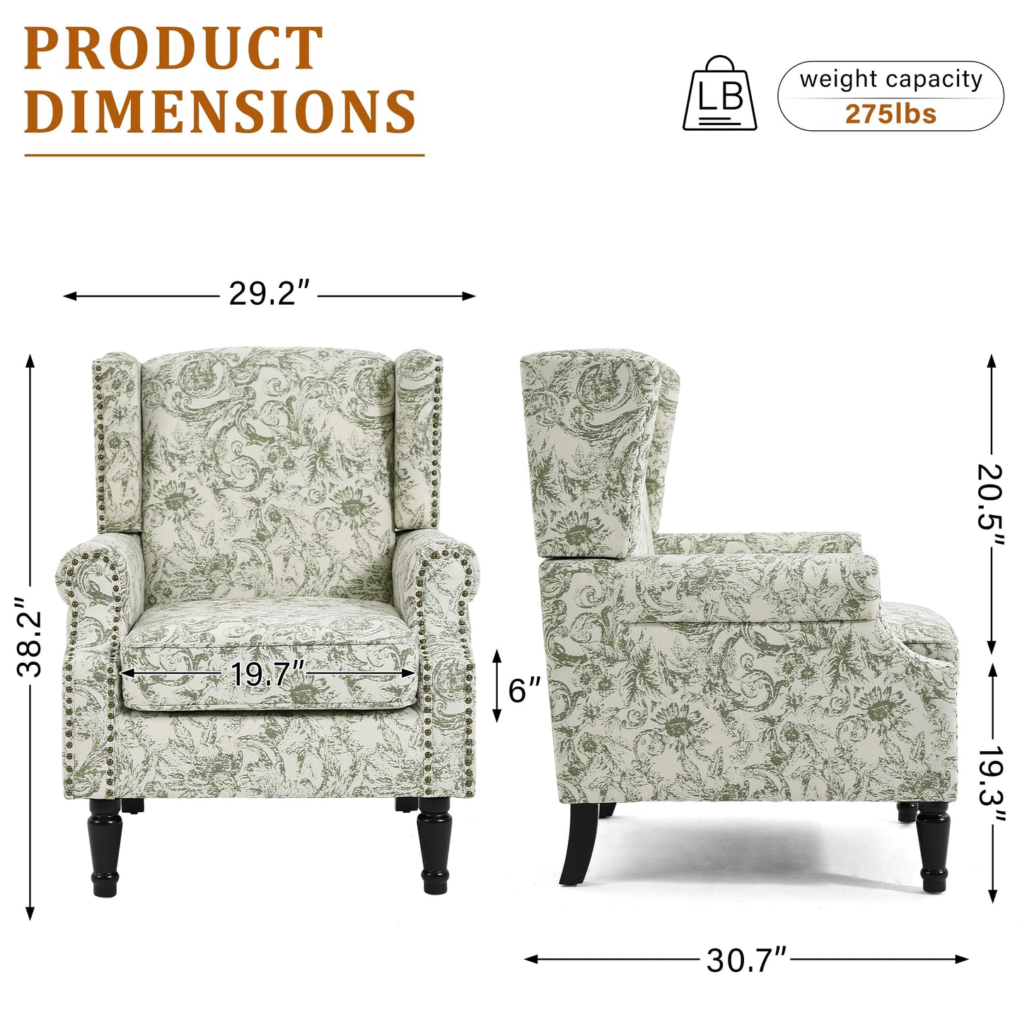 Floral Wingback Accent Chair, High Back Upholstered Armchair, Comfy Fabric Wingback Arms Chairs with Solid Wood Legs, Single Sofa Reading Chair for Bedroom Living Room, Beige