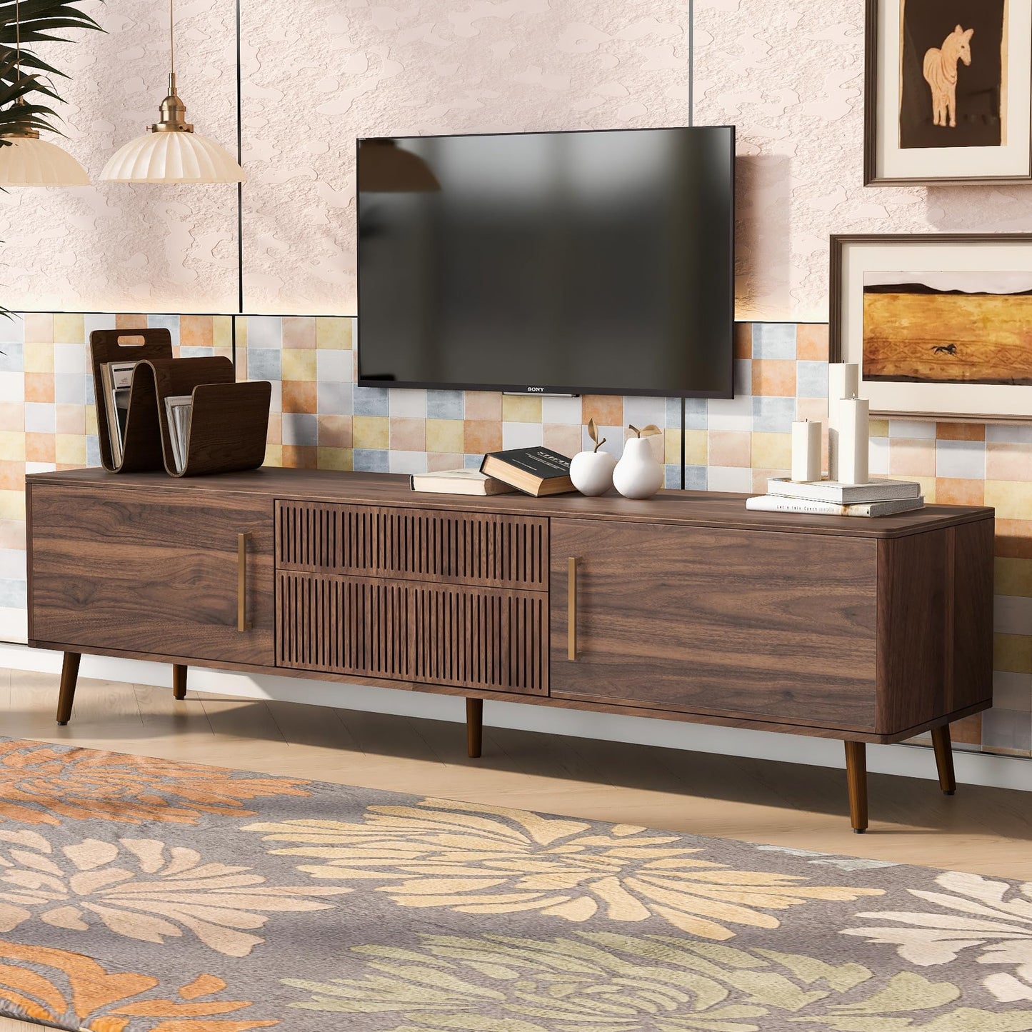 LKTART 67" Mid Century Modern TV Stand for 65/70/75/80" TVs,Entertainment Center with Sliding Doors and Drawers,Media Console for Living Room
