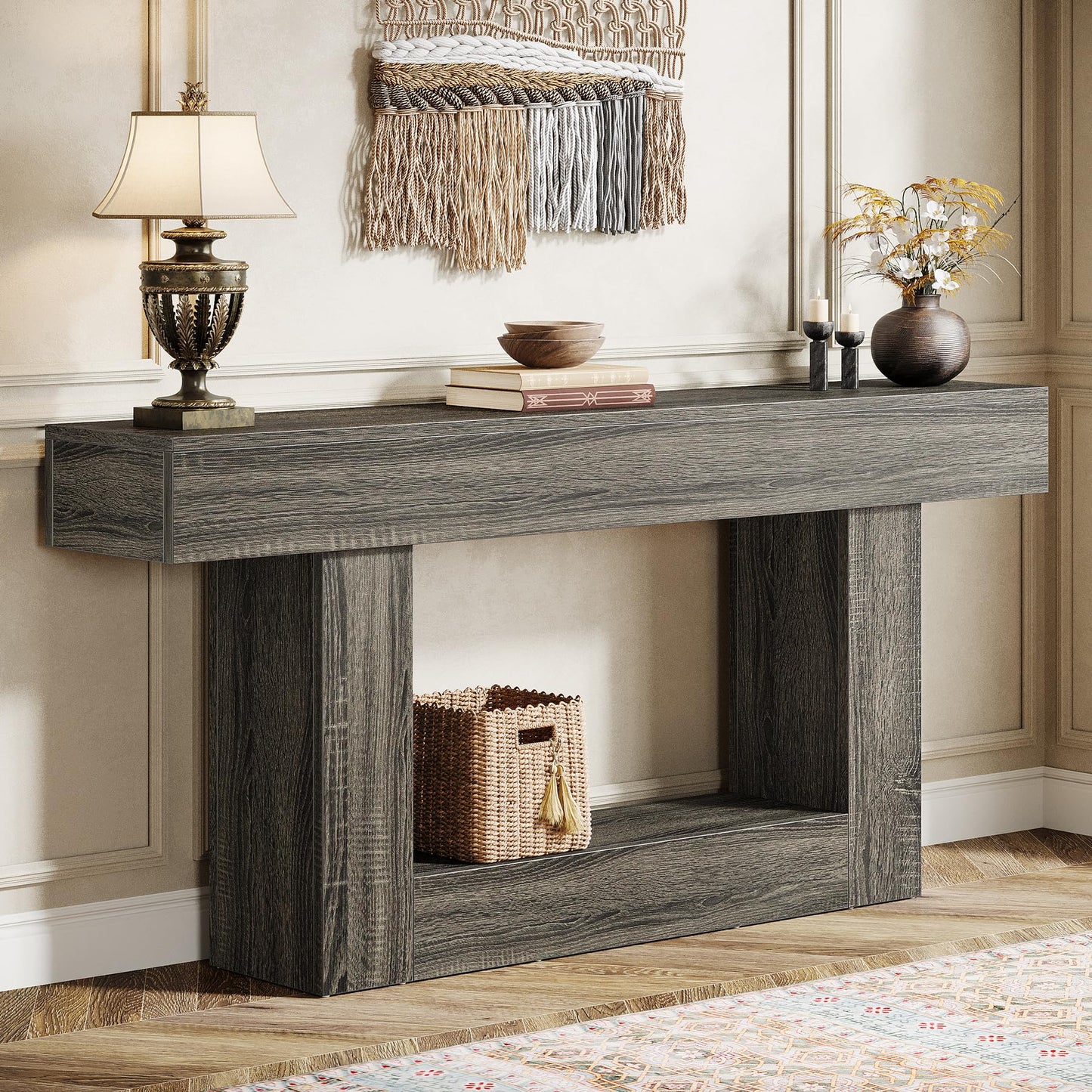 Tribesigns 63" Console Table, Farmhouse 2-Tier Entryway Table with U-Shaped Base, Narrow Long Wood Sofa Table Behind Couch Table for Living Room, Hallway, Foyer, Vintage Brown & Gray | Farmhouse