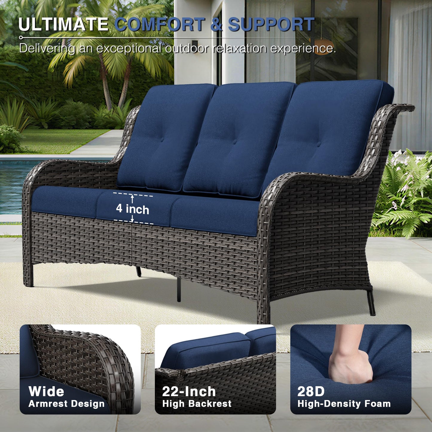 Joyside Outdoor Patio Couch, 3 Seater Outdoor Wicker Sofa with High Back, Deep Seating, Wide Armrest, Thickened Cushions, Patio Sofa for Deck, Porch Use