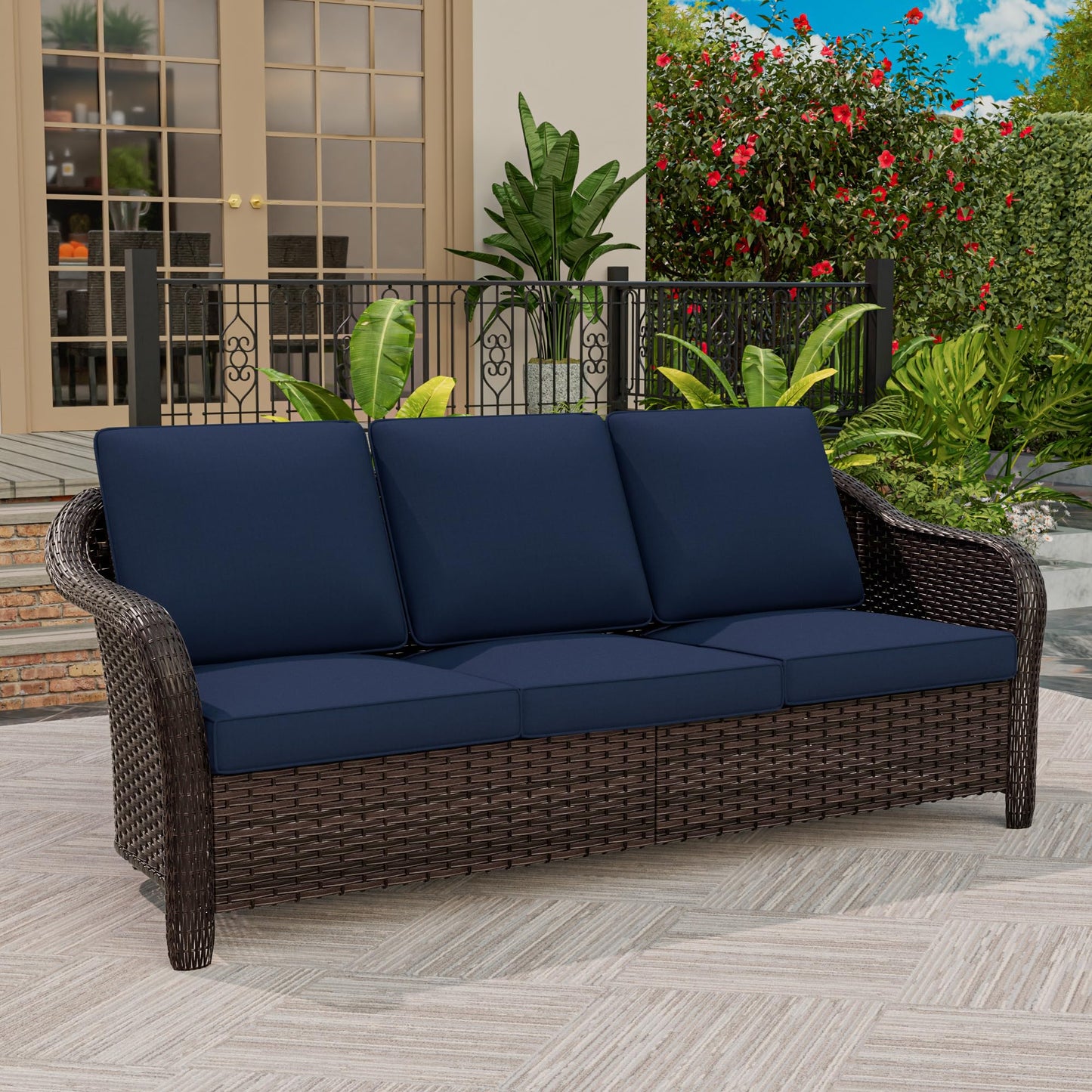 55 inch Outdoor Wicker 2 Seater Sofa, All-Weather Use Patio Rattan Loveseat with Seat and Back Cushion, Ideal for Porch, Backyard, Balcony, Poolside, Blue
