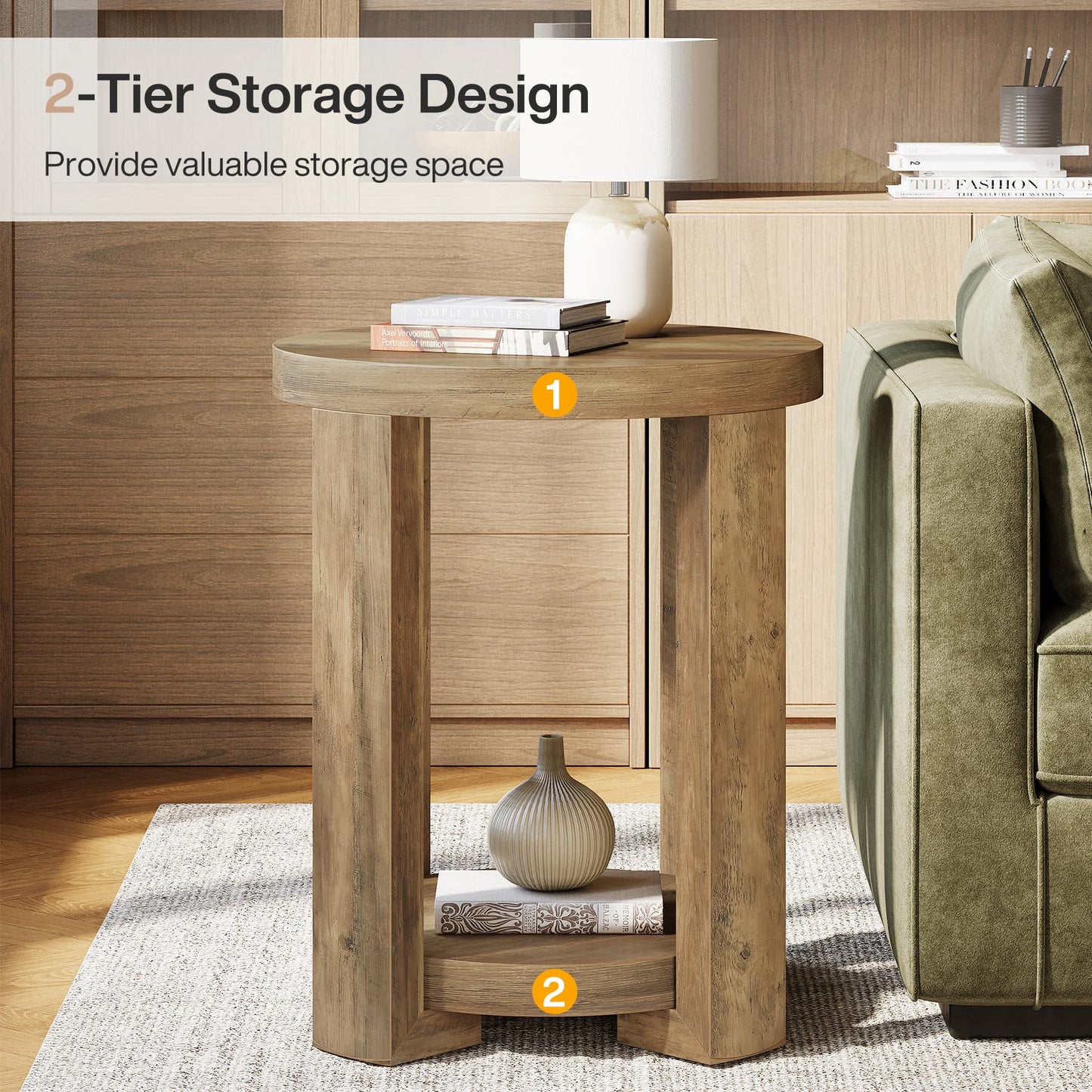 Tribesigns Side Table, 2-Tier Round End Table, Small Bedside Accent Furniture for Living Room, Bedroom (1, Brown)