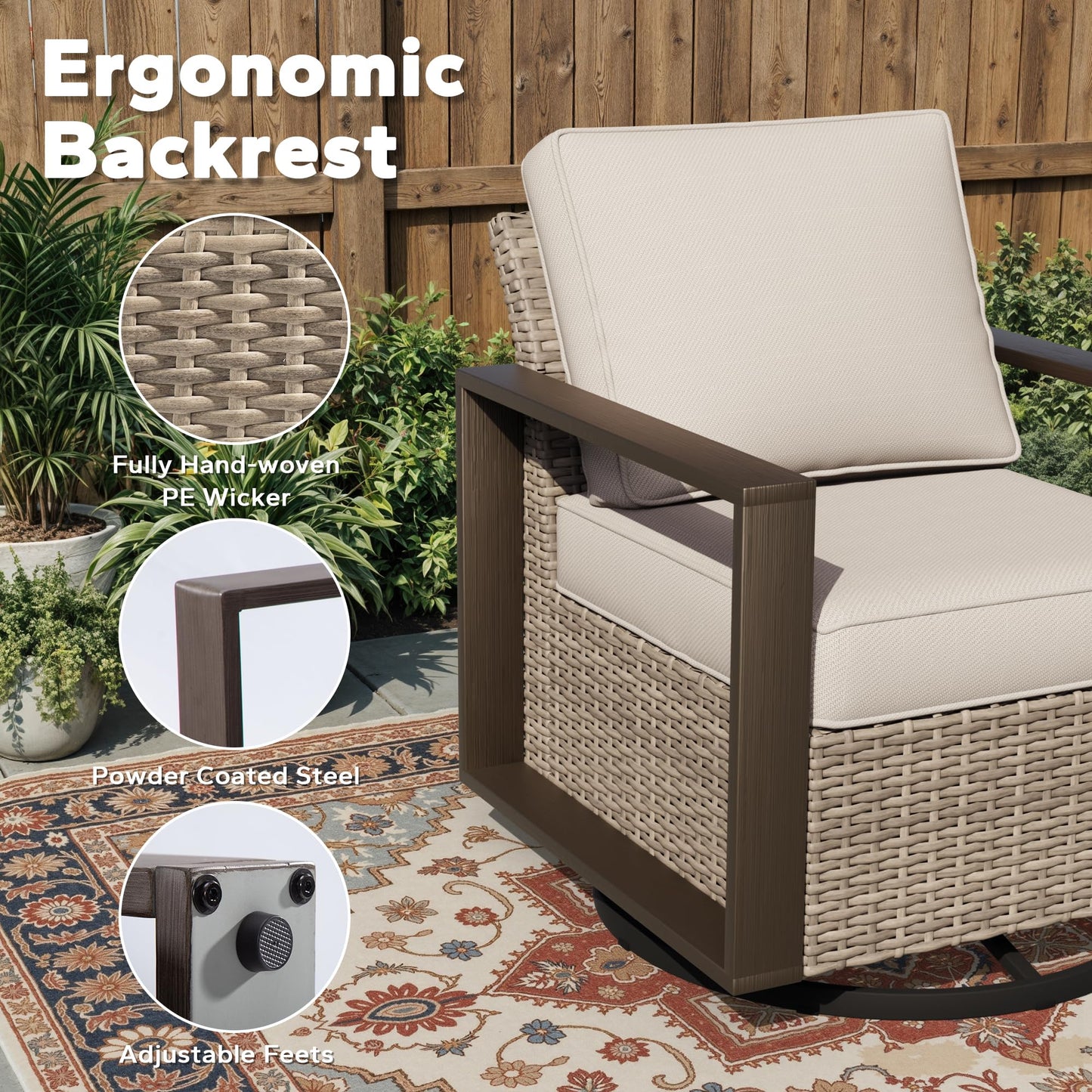Joyside Outdoor Patio Swivel Rocker Chairs, 3 Pieces Wicker Furniture Set, 2 Swivel Rocking Chairs and 1 Table, Metal Wide Armrest, Thick Cushions and Deep Seating for Garden, Backyard, Porch, Deck