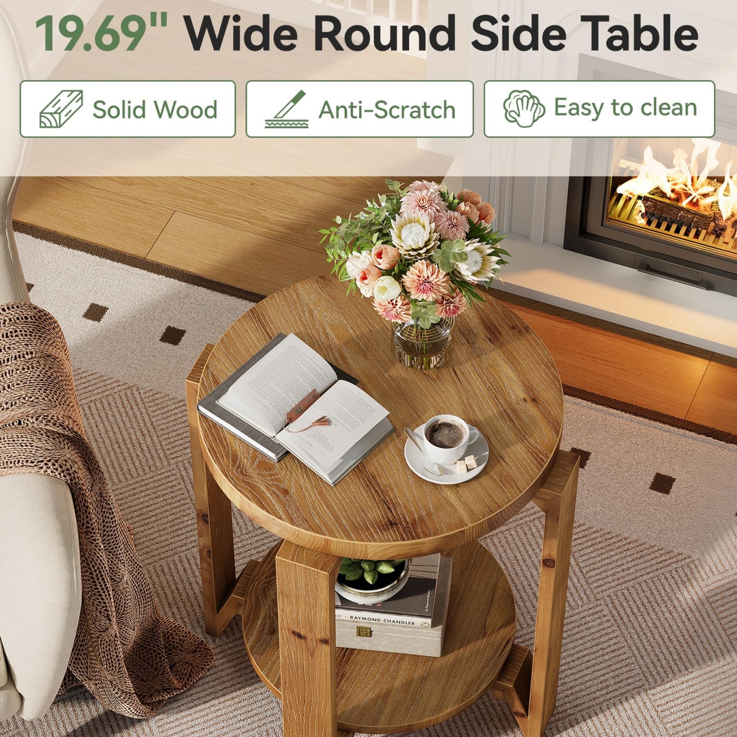 Solid Wood End Table, 2-Tier Round Wood Side Table for Living Room, Farmhouse Circle Nightstand with Storage for Bedroom, Couch, Small Spaces, Easy Assembly, Rustic Brown