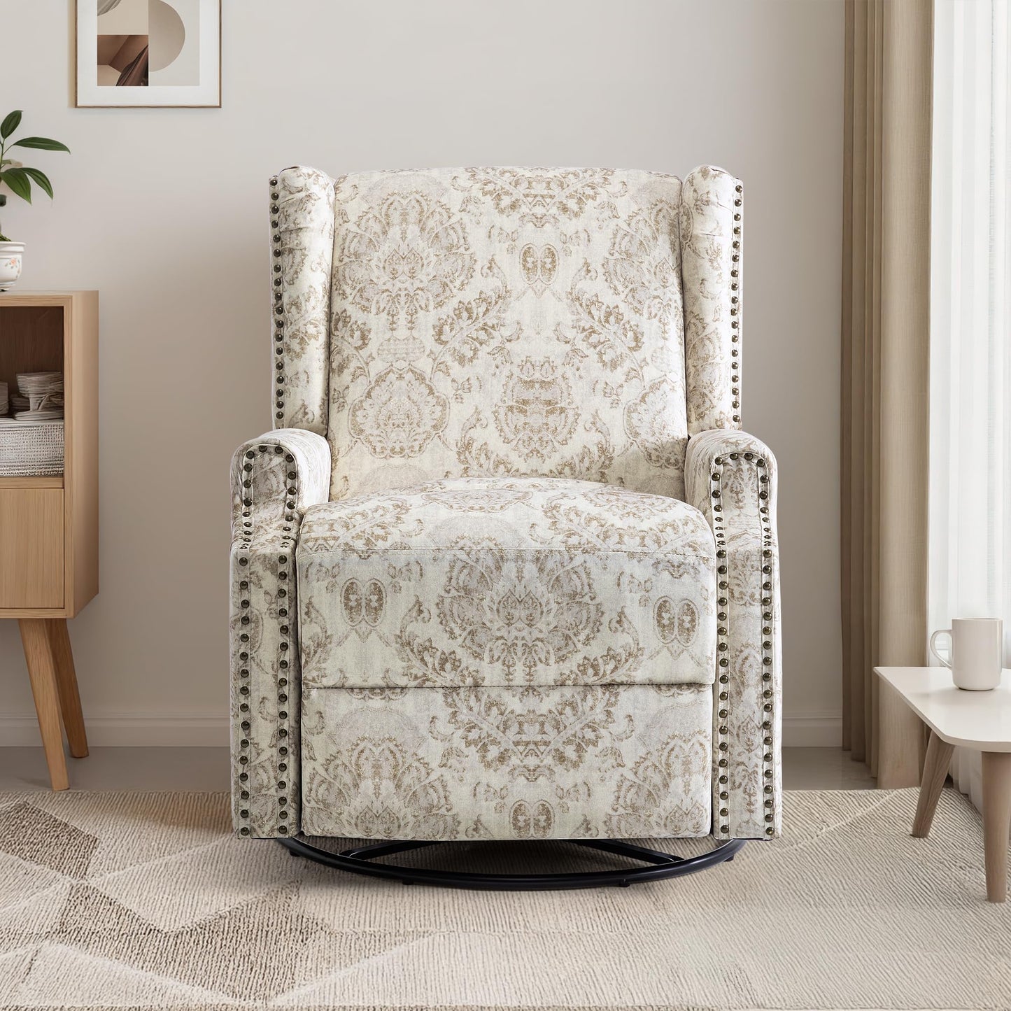 Swivel Rocker Recliner Chair, 360° Swivel Wingback Recliner Chairs for Adults, Upholstered Printed Fabric Glider Rocking Chair with High Back, Deep Seat for Living Romm Bedroom, Bird