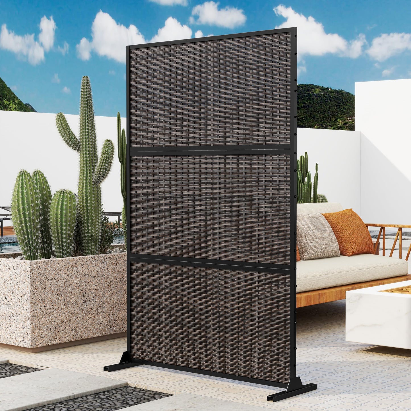 Outdoor Metal Privacy Screen with Stand, 72" H x 47" W Freestanding Outdoor Patio Divider, Decorative Patio Privacy Fence Panel for Garden Backyard Balcony Porch (Brown-Crossbanding)