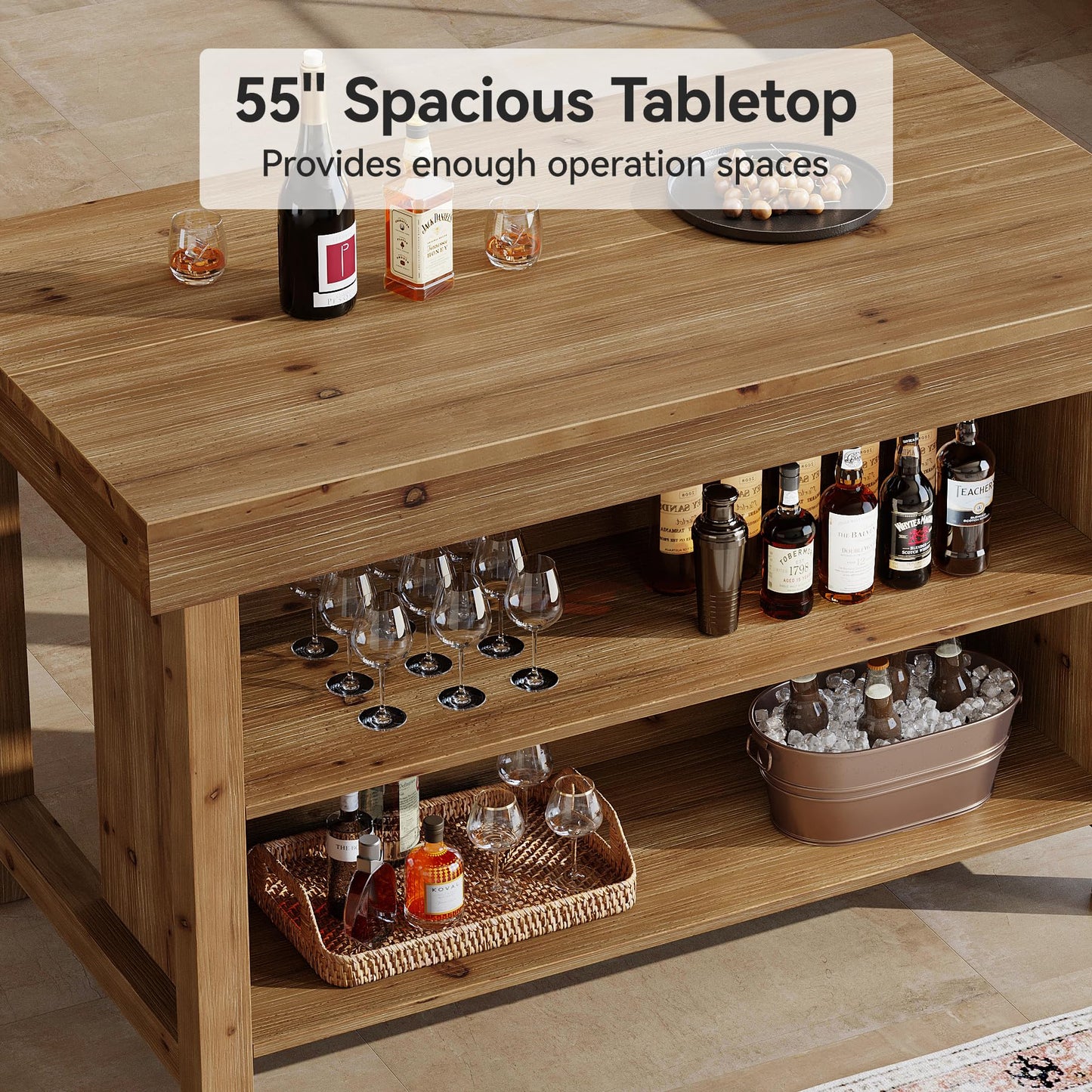 Solid Wood 55-Inch Bar Table, 3-Tier Farmhouse Home Bar Unit with Open Storage Shelves, Rectangular Counter Height Pub Dining Table for Kitchen, Dining Room, Living Room, Basement, Brown