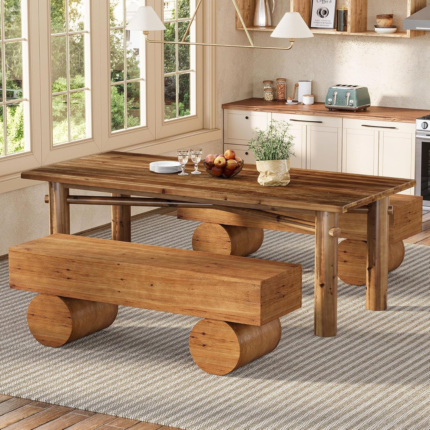Solid Wood Dining Bench, 59” Farmhouse Indoor Long Kitchen Table Bench with Thickened Seat & Cylindrical Legs for Dining Room, Kitchen, Restaurant, Easy to Assemble, Brown