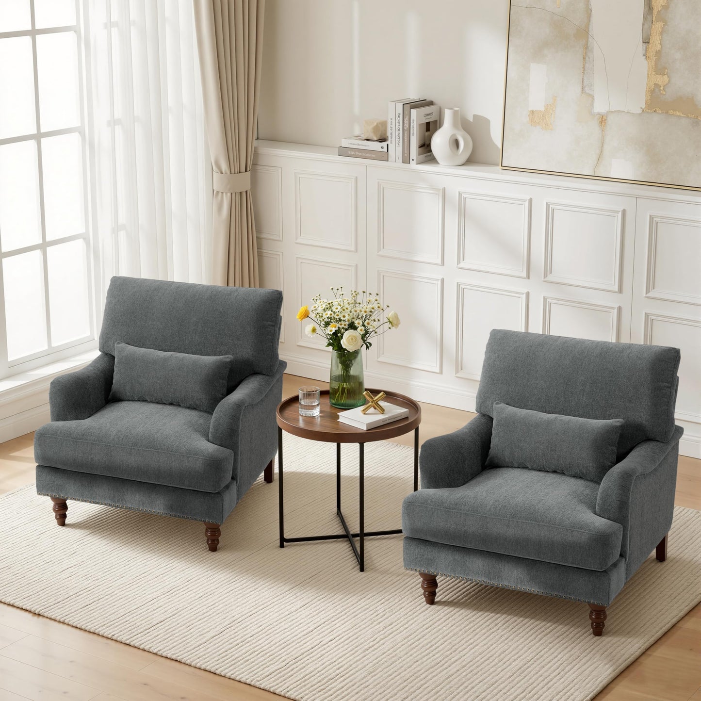 Accent Chair for Living Room, Upholstered Armchair with Nailhead Trim & Solid Wood Legs, Mid Century Modern Club Chair for Bedroom/Reading Room, Rococo Green
