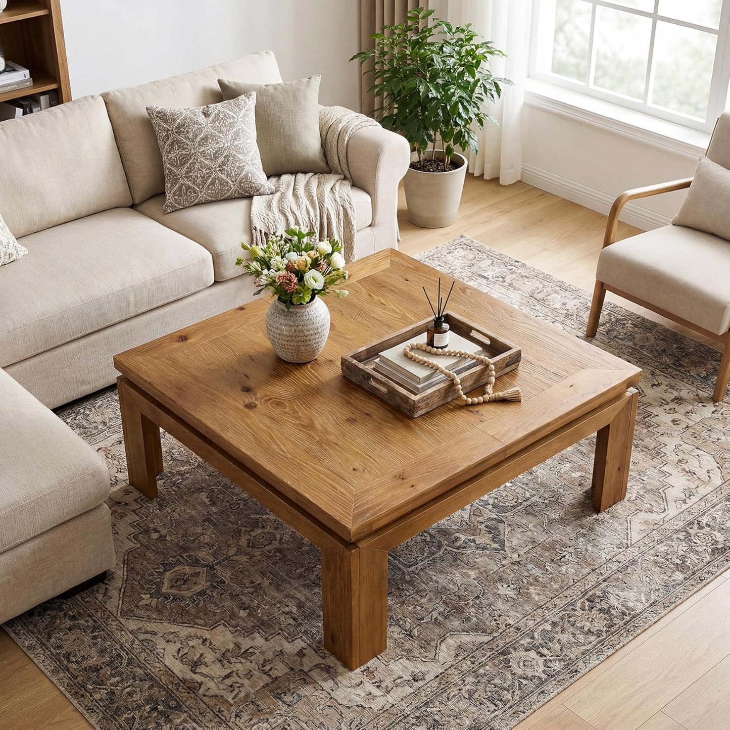 Solid Wood Square Coffee Table, 39.4" x 39.4" Farmhouse Cocktail Center Table with Recessed Edge Design, Easy Assembly, Living Room, Natural Brown