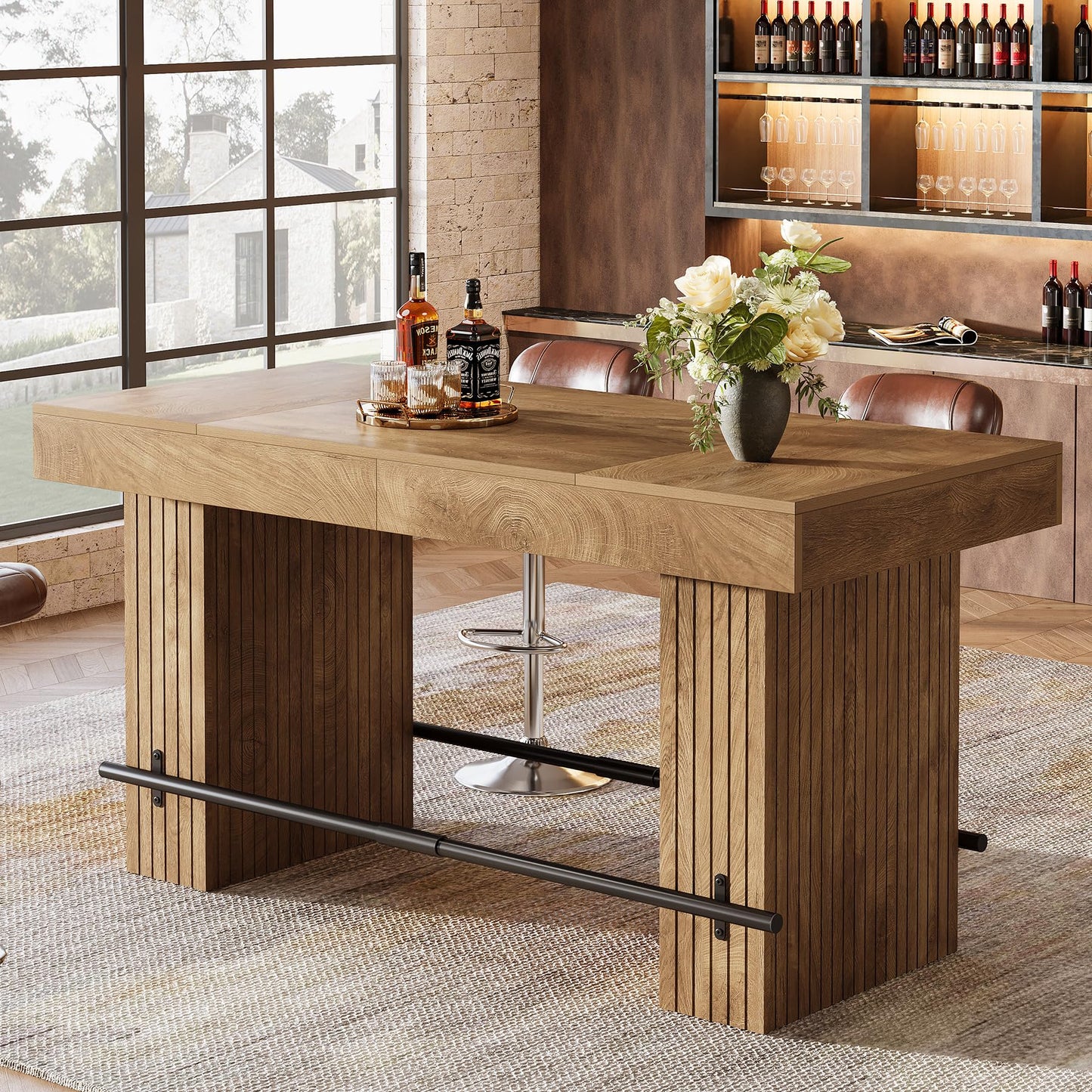 Tribesigns 62.2 Inch Bar Table, Industrial Counter Height Pub Dining Table, Rectangular Home Bar Units with Metal Footrest for Home Kitchen, Dining Room, Bistro, Brown and Dark Grey
