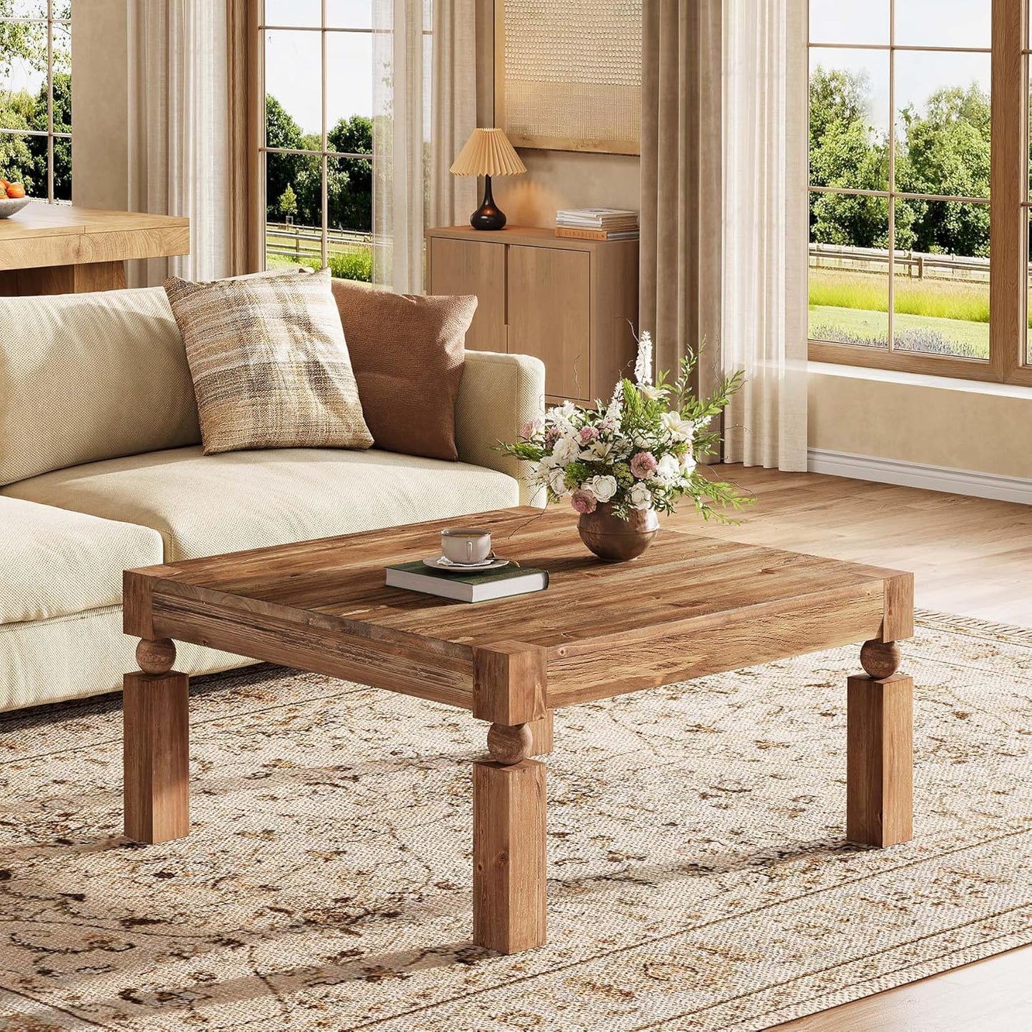 Square Wood Coffee Table, 39-Inch Farmhouse Coffee Table with Sturdy Legs, Rustic Accent Center Table for Living Room, Easy Assembly, Brown