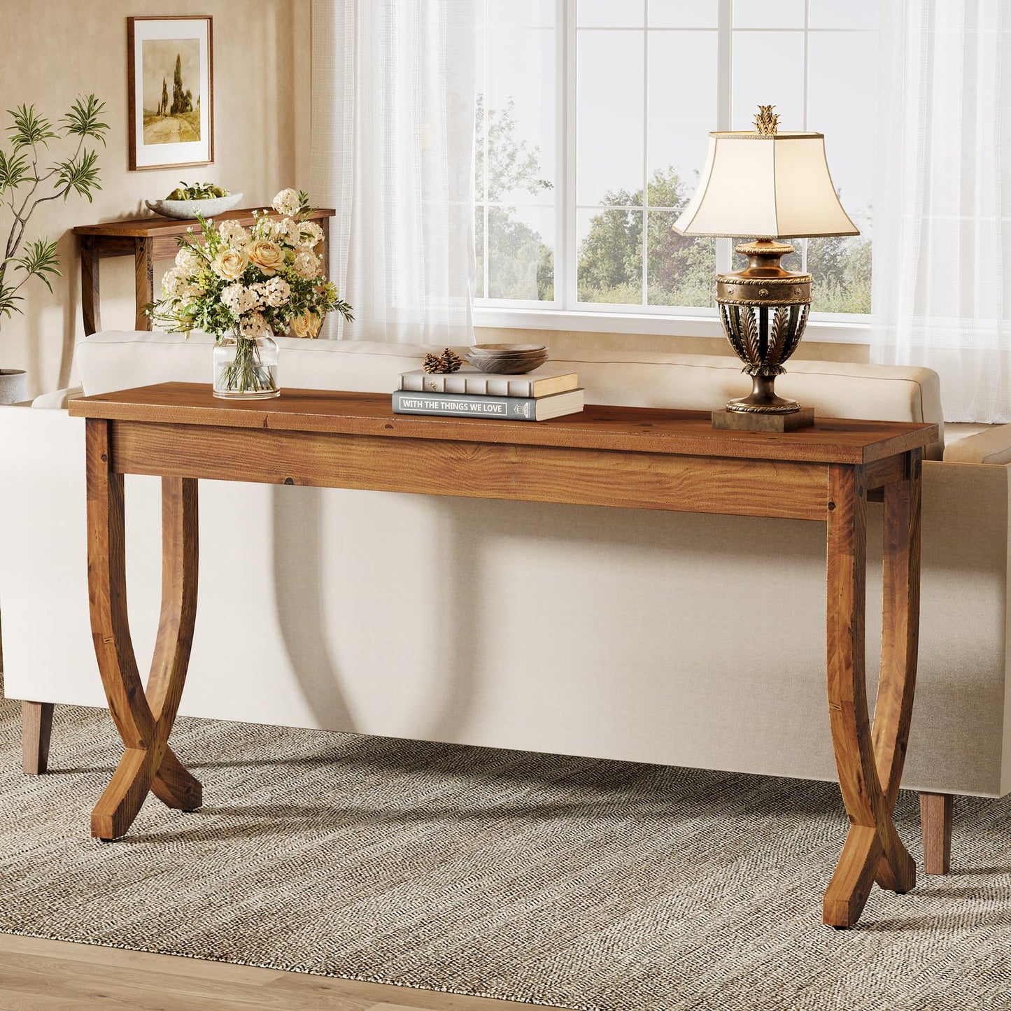 Solid Wood Console Table for Entryway, 63-Inch Narrow Long Sofa Table, Farmhouse Hallway Table for Living Room, Entrance, Foyer (Brown)