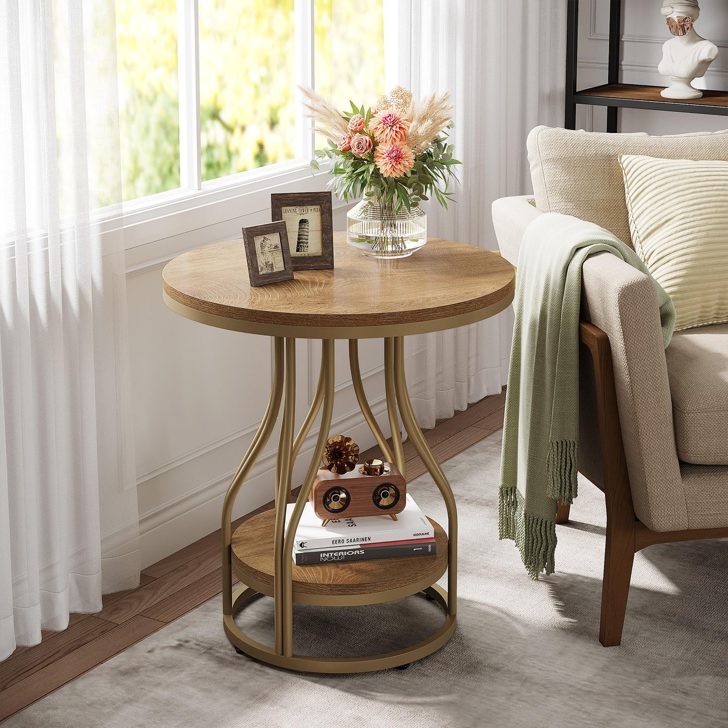 Tribesigns Round Side End Table 2-Tier End Tables Modern Bedside Table Small Chairside Tables with Storage for Couch Side, Nightstand with Metal Frame for Living Room (1, White+Gold)