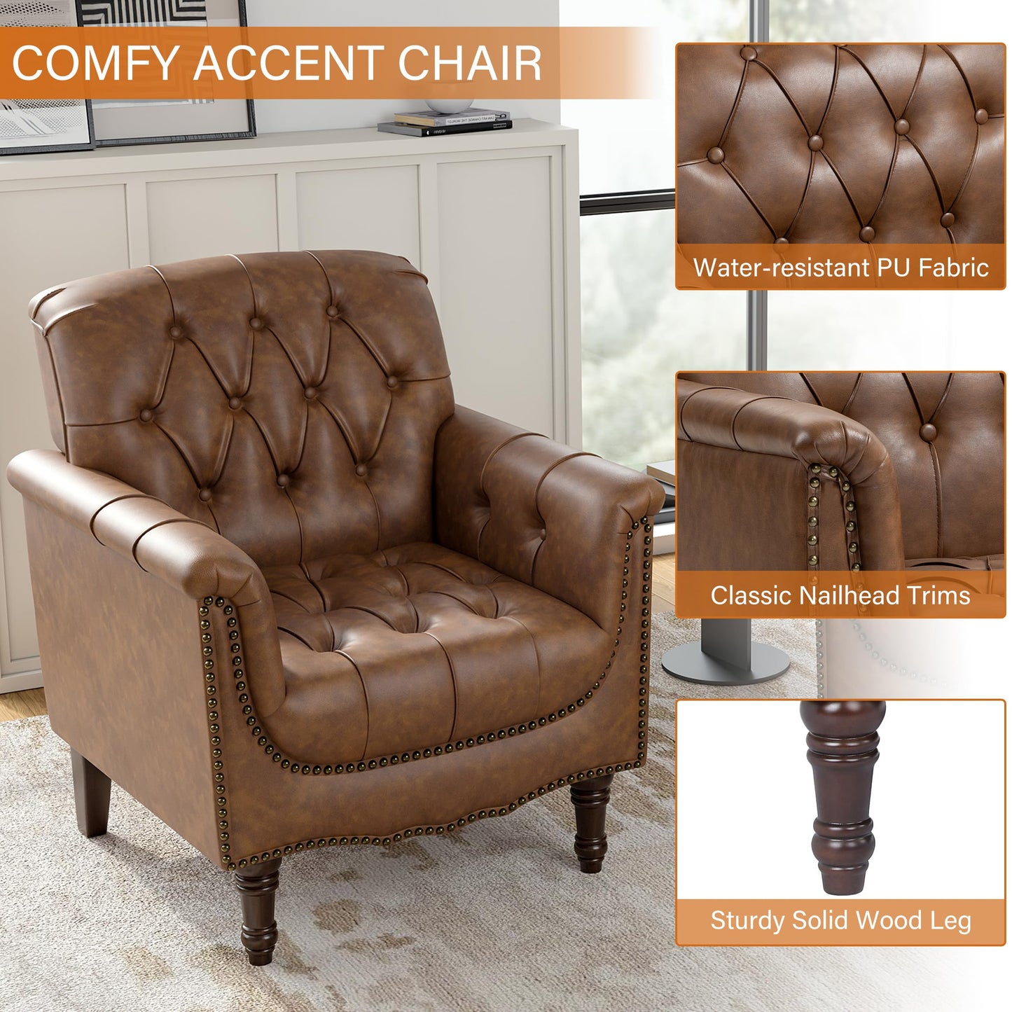 Faux Leather Club Chair, Retro Upholstered Armchair Accent Chair with Solid Wood Legs & Nailhead Trim for Living Room, Bedroom, Reading Room, Camel