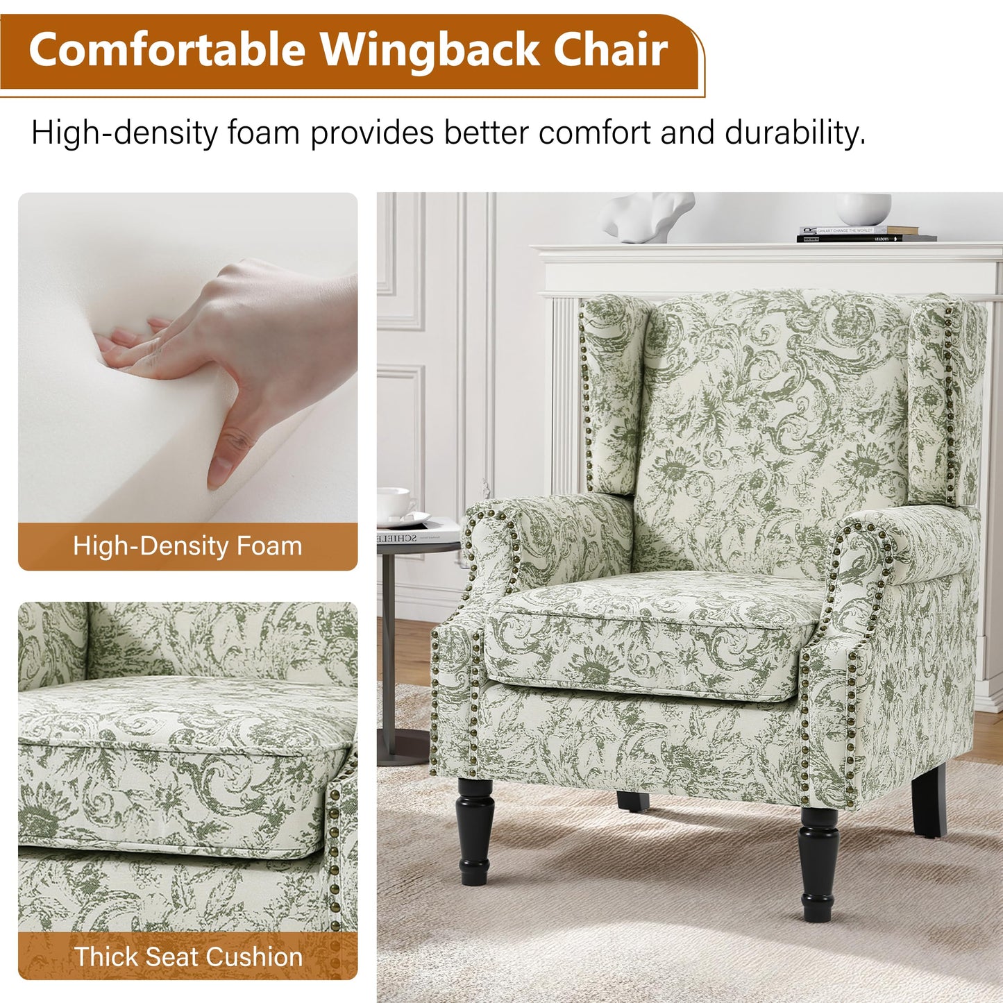 Floral Wingback Accent Chair, High Back Upholstered Armchair, Comfy Fabric Wingback Arms Chairs with Solid Wood Legs, Single Sofa Reading Chair for Bedroom Living Room, Beige