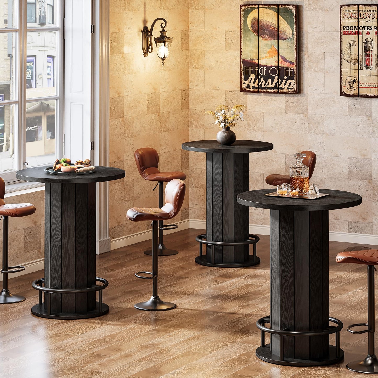 Tribesigns Round Bar Table, 39.4" H Wood Bistro Pub Table with Metal Ring Footrest for Dining Coffee Cocktail Living Room, Small Space, Black (Only Table)