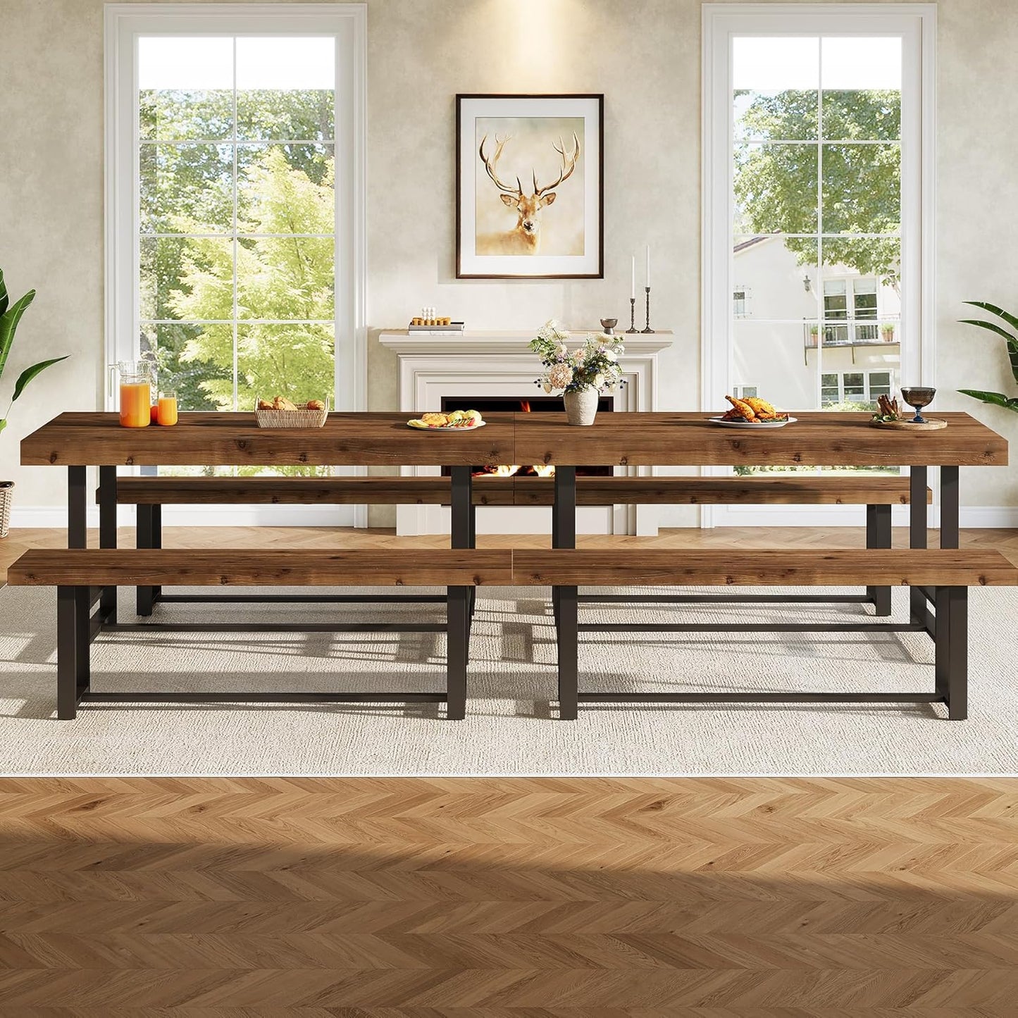 Solid Wood Dining Table Set for 4-6, 55.12" Industrial Farmhouse Kithcen Table with 2 Benches, Space Saving 3-Piece Rectangle Dinette Set & Chairs for Dining Room, Breakfast Nook, Small Space