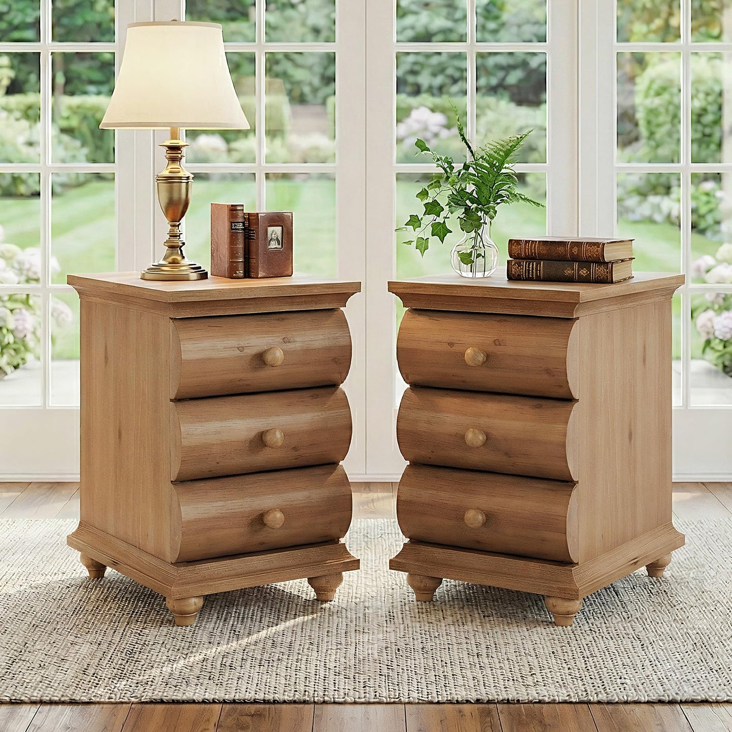Solid Wood End Table Set of 2, 3 Drawers Narrow Sofa Side Table with Finished Back, Rustic Slim Nightstand Bedside Table for Bedroom, Living Room, Small Spce