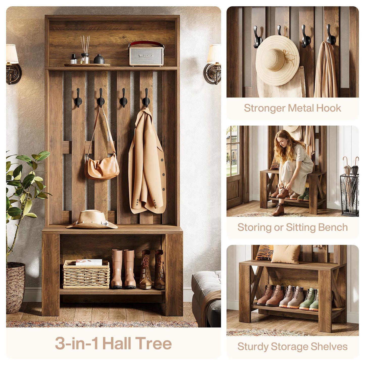 Tribesigns Hall Tree with Bench and Shoe Storage, Farmhouse Entryway Bench with Coat Racks, 70.8" Tall Wooden Hall Tree Organizer with 4 Hooks for Mudroom, Hallway, Bedroom, Space-Saving, Brown