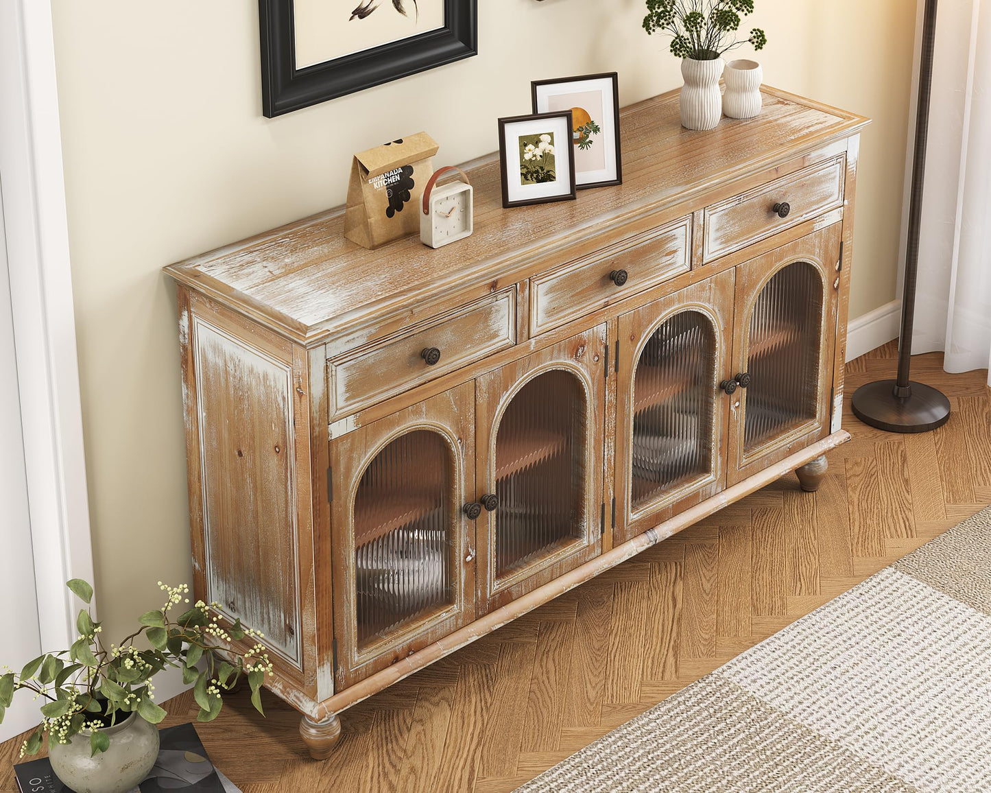 LKTART 60" Farmhouse Sideboard Buffet,Solid Fir Wood Frame with Hollowed-Out Carved Doors,Hand-Distressed Design,Versatile Storage Cabinet for Kitchen, Living Room,Natural Wood
