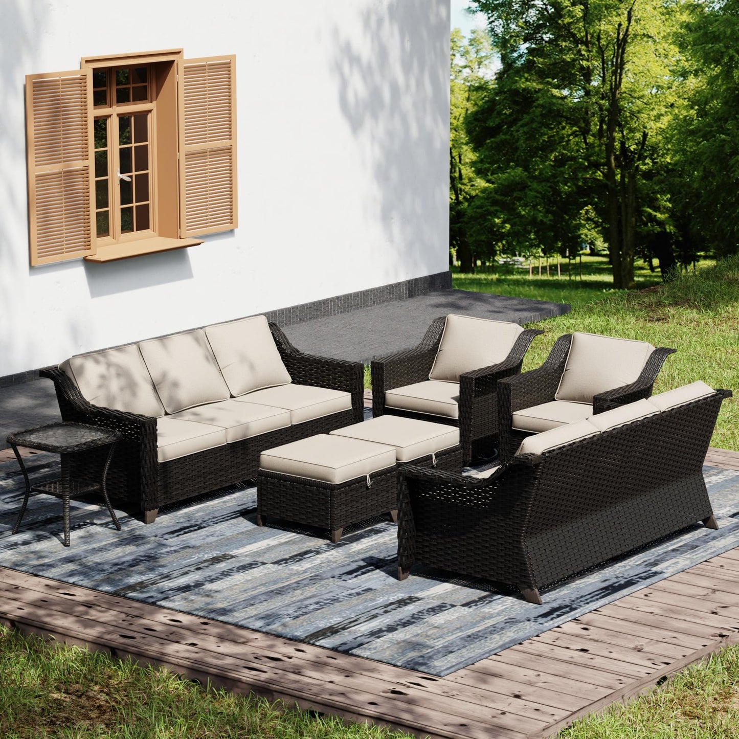 Joyside Patio Sofa - 3 Seater Rattan Sofa, All Weather High Back Sofa, Upgraded Large Size with 4inch Seat Cushions for Backyard, Garden, Poolside (Brown/Blue)