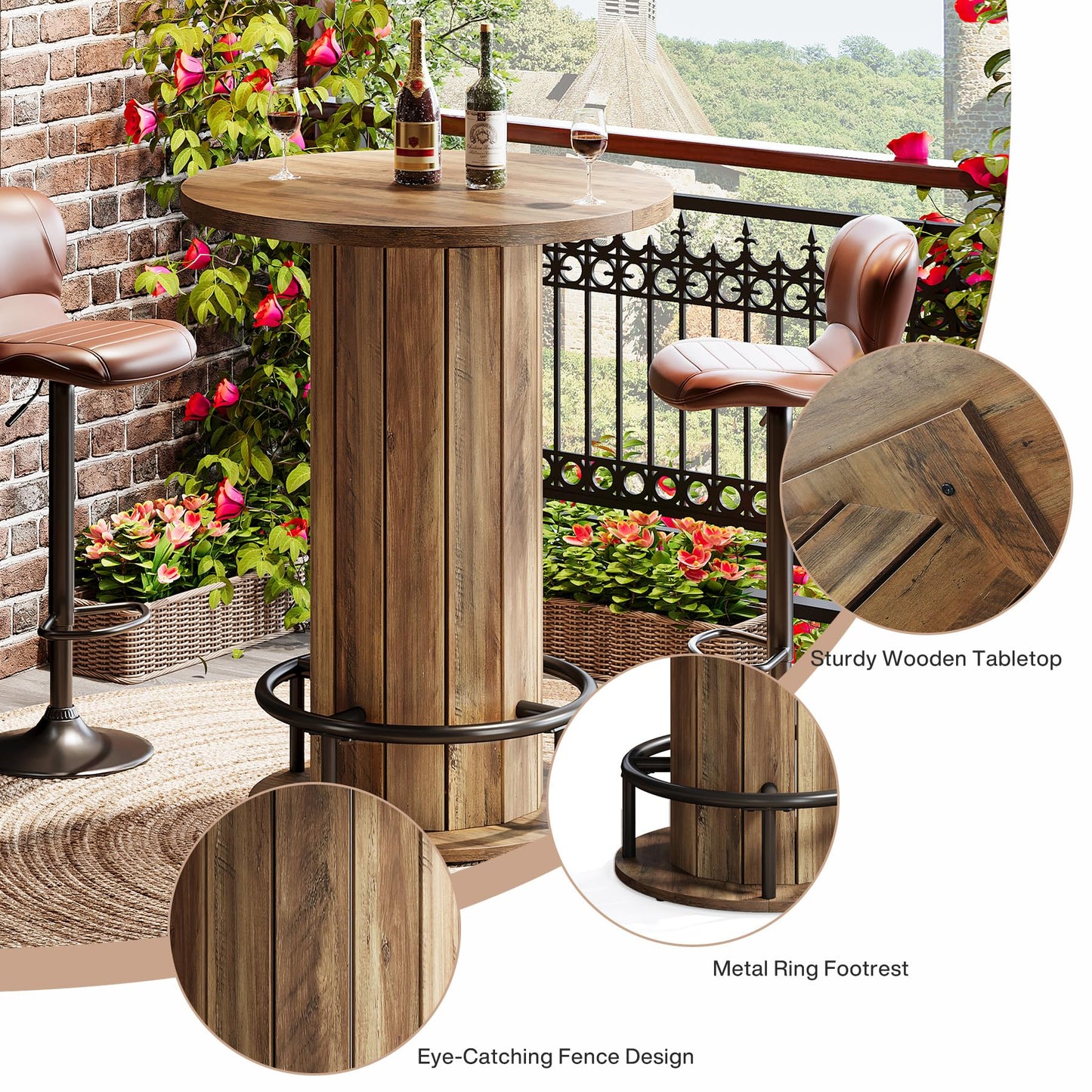 Tribesigns Round Bar Table, 39.4" H Wood Bistro Pub Table with Metal Ring Footrest for Dining Coffee Cocktail Living Room, Small Space, Black (Only Table)
