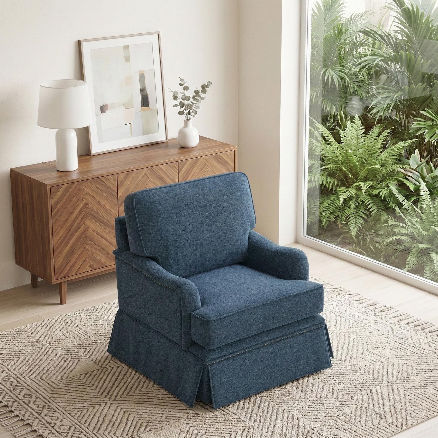 Swivel Accent Chair, 360° Swivel Upholstered Armchairs with Curved Arms, Comfy Chenille Fabric Lounge Reading Chairs for Living Room Bedroom Study, Metal Swivel Base, Tan