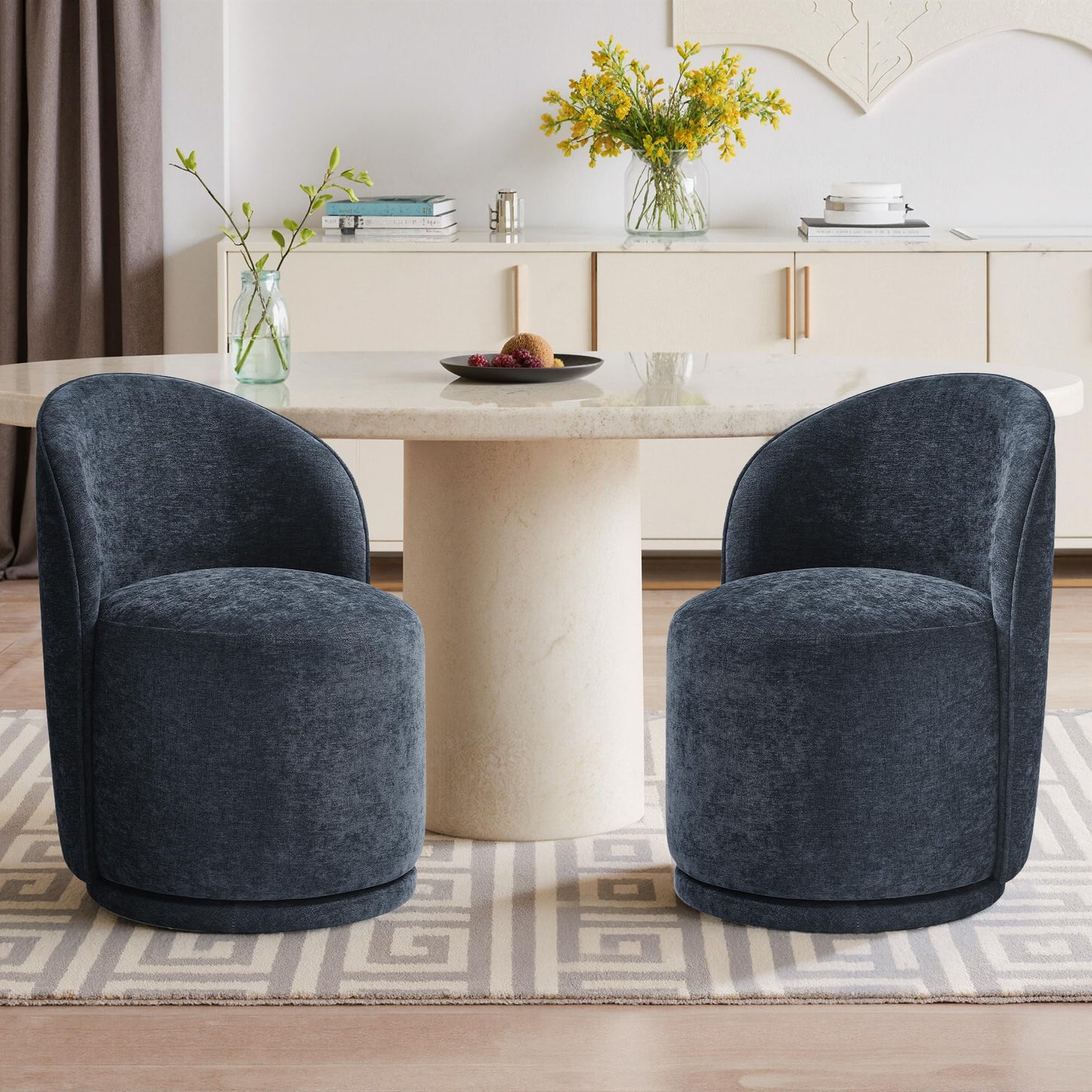 Swivel Barrel Dining Chairs Set of 2, Faux Leather Upholstered Round Dining Chairs, 360° Swivel Vanity Chair Comfy Armless Accent Makeup Chair for Dining/Living Room Makeup Room, Brown