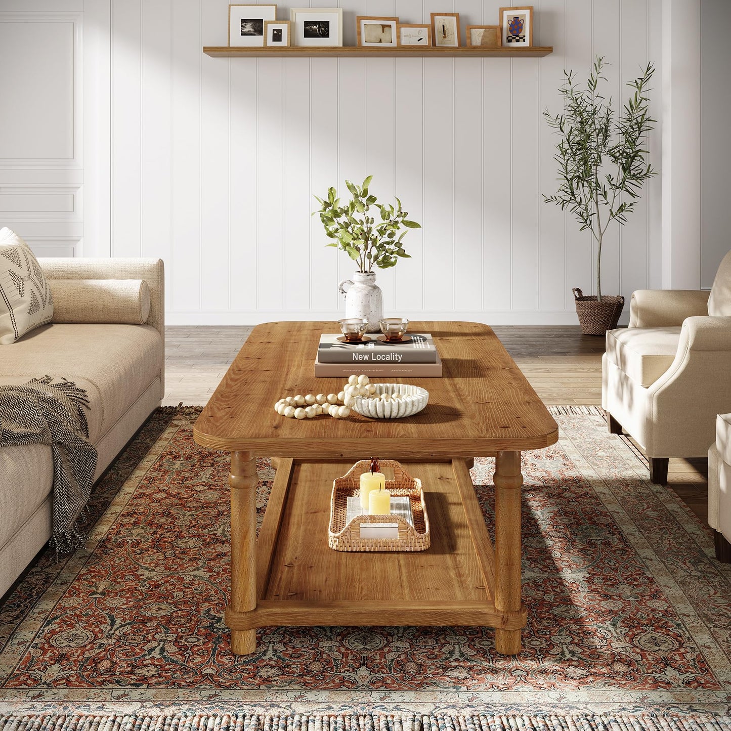 47" Rectangle Coffee Table, Solid Wood Center Table with 2-Tier Storage, Modern Farmhouse Coffee Furniture for Living Room, Home & Family Room, Light Brown
