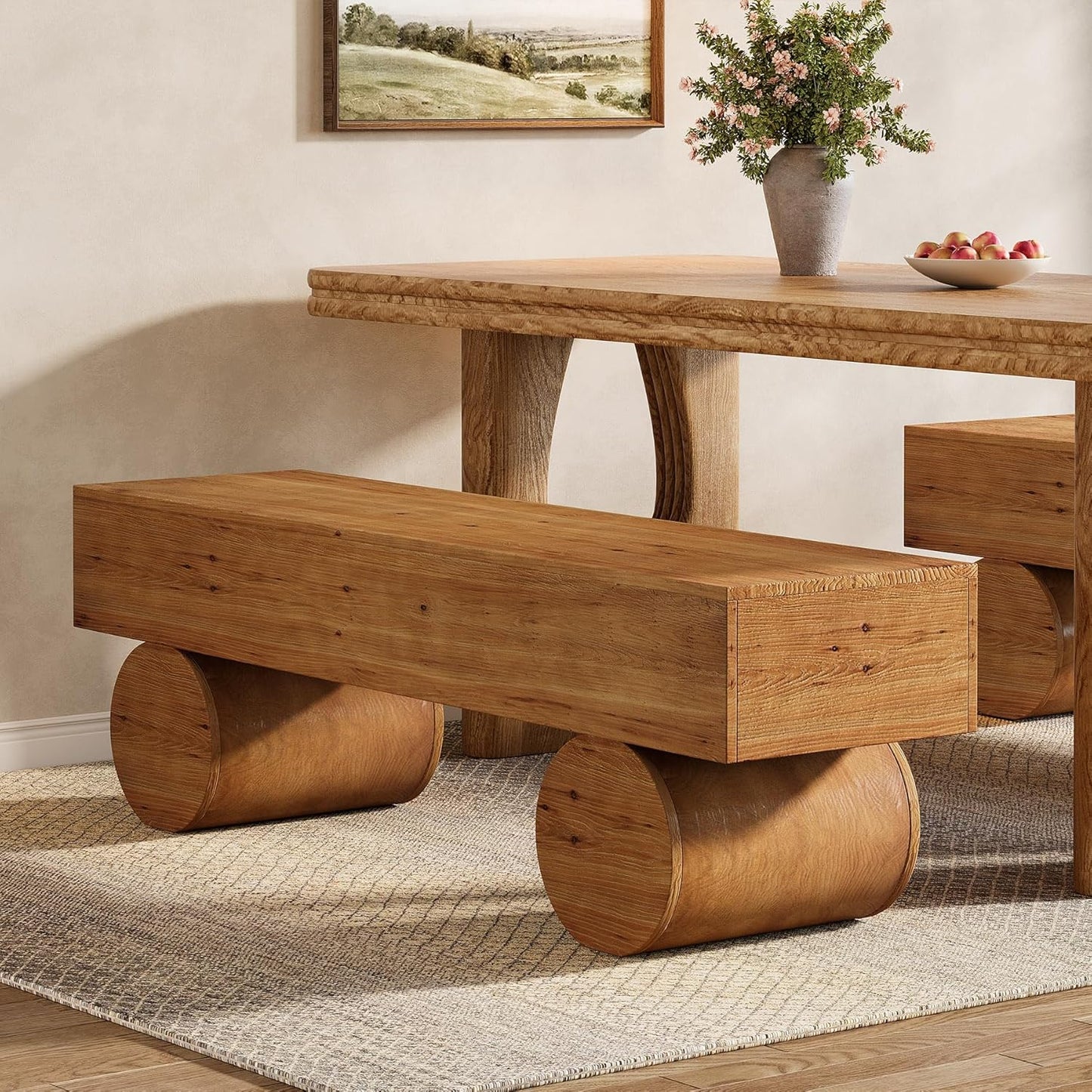 Solid Wood Dining Bench, 59” Farmhouse Indoor Long Kitchen Table Bench with Thickened Seat & Cylindrical Legs for Dining Room, Kitchen, Restaurant, Easy to Assemble, Brown
