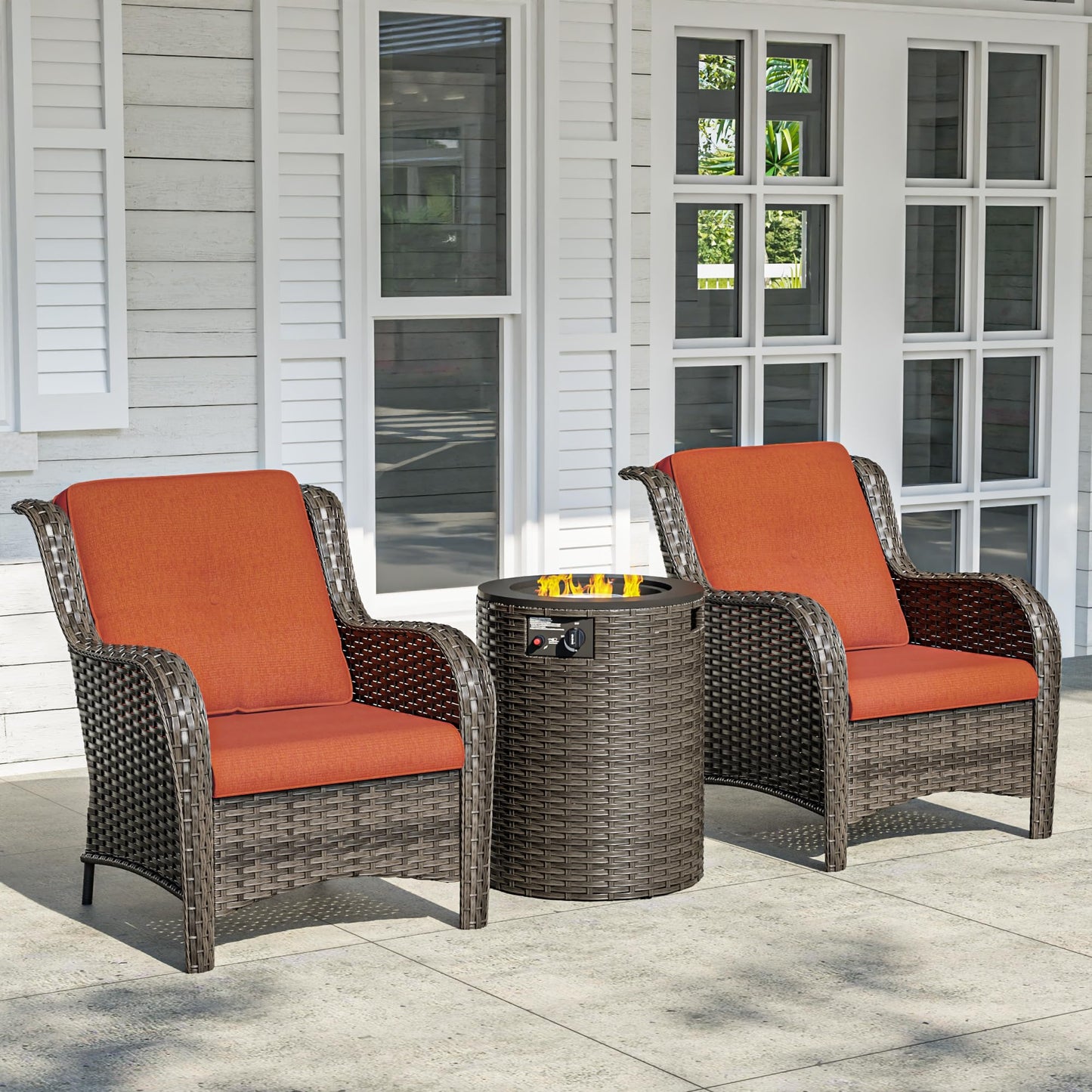 Joyside Patio Furniture Set with Fire Pit Table, 3 Piece Outdoor Wicker Conversation Sets with High Back, Thickened Cushions, Rattan Sectional for Porch, Lawn Use (Red)