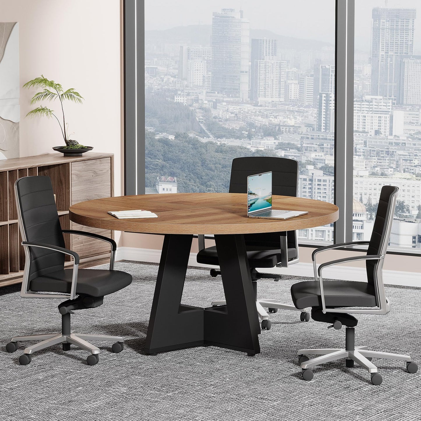 Tribesigns 47-Inch Round Conference Table for 4-6 People, Wooden Meeting Room Table with Thicken Tabletop and Wood Base (Grey)